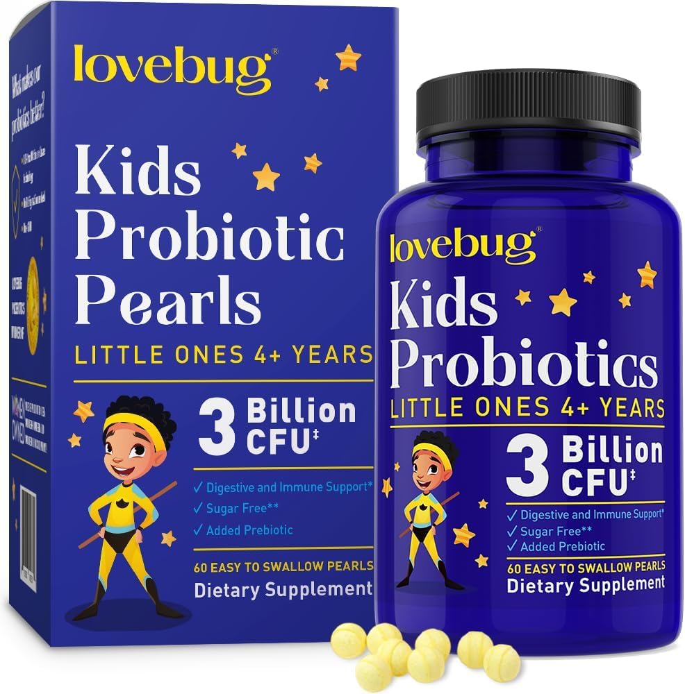 LOVEBUG Probióticos para Niños: envase de 60 perlas para uso diario.