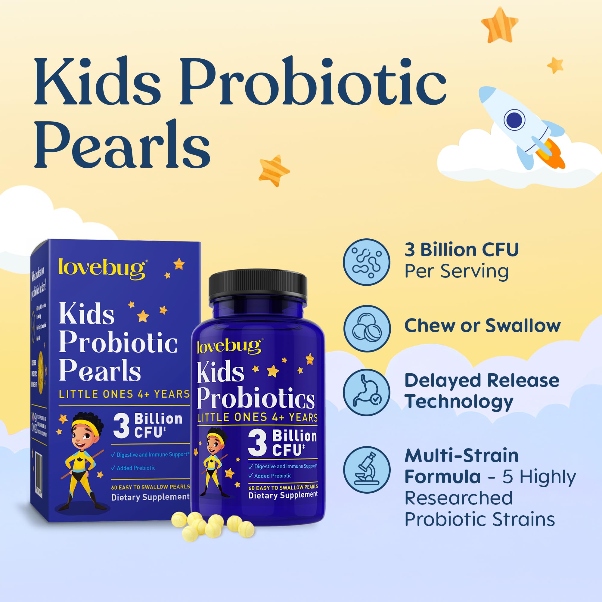 LOVEBUG Probióticos para Niños: perlas masticables suaves para la rutina diaria.