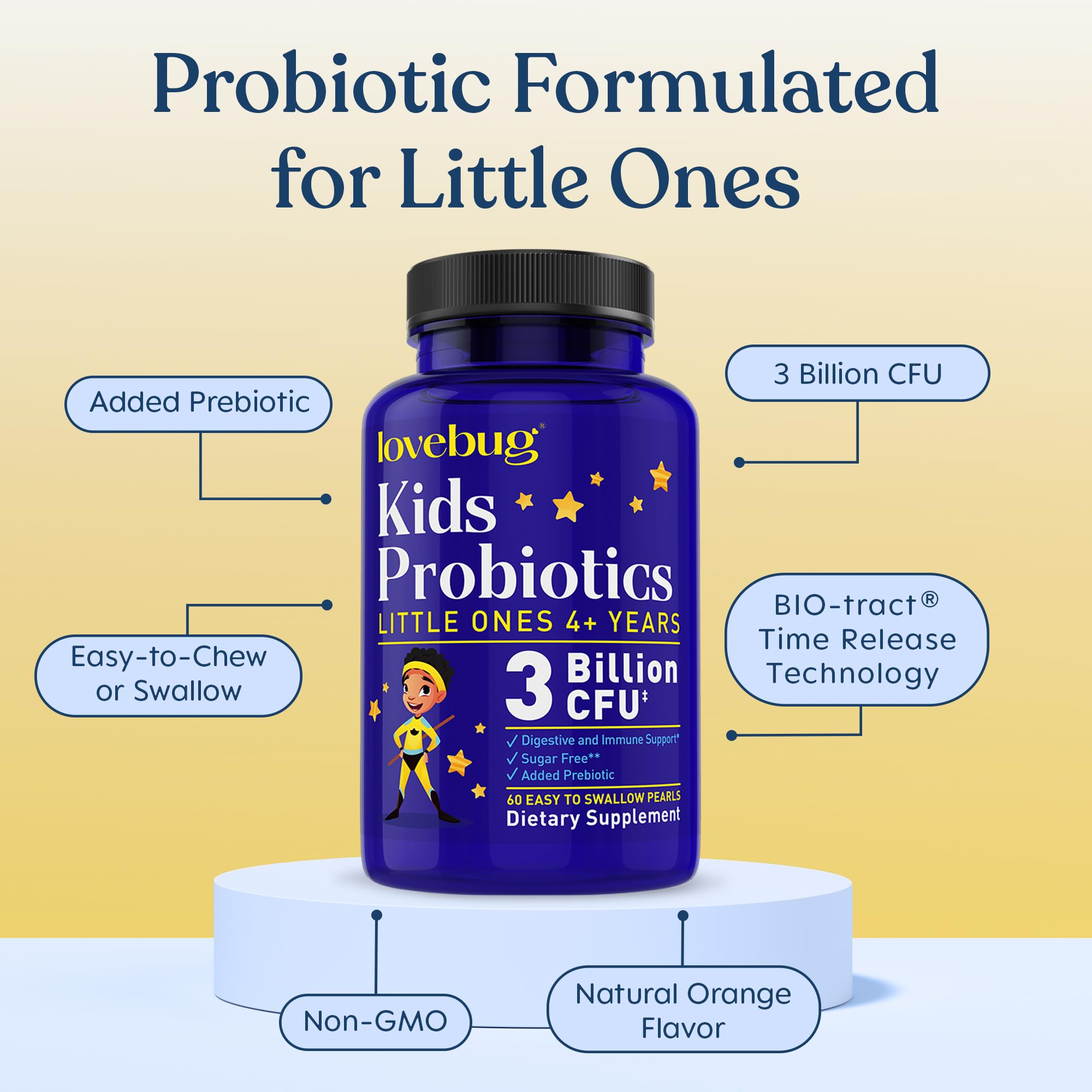 LOVEBUG Probióticos para Niños: sabor suave que agrada a los pequeños.