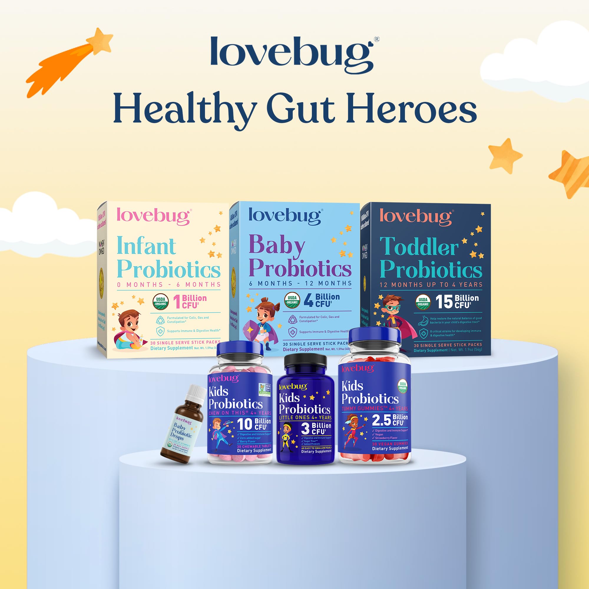 LOVEBUG Probióticos para Niños: uso diario para apoyar la rutina.