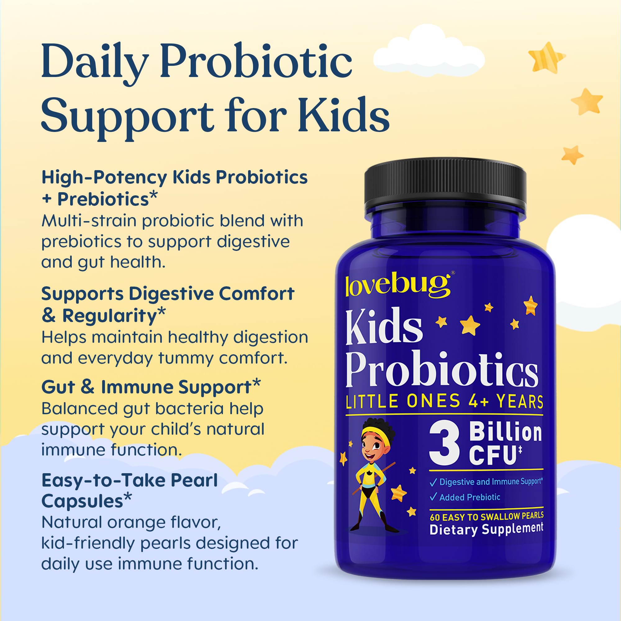 LOVEBUG Probióticos para Niños: fórmula vegana y libre de OGM para consumo sencillo.