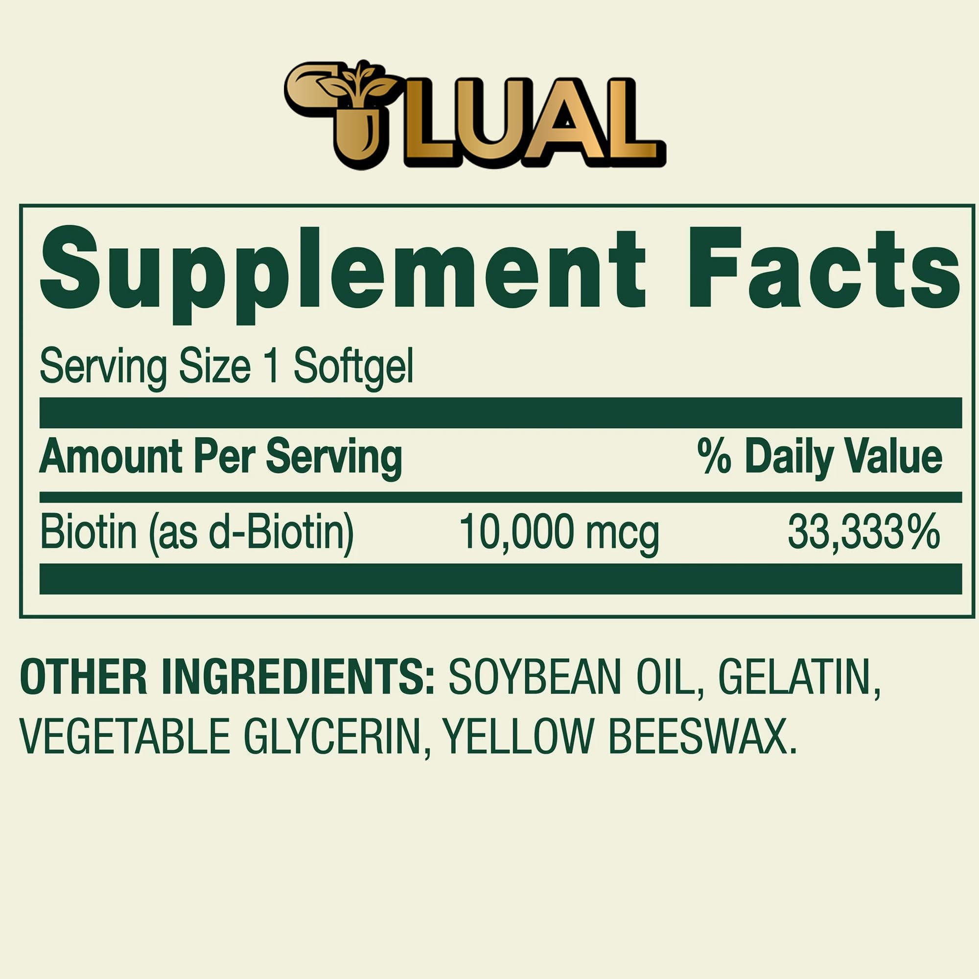Etiqueta informativa de ingredientes de LUAL Biotina con dosis clara.