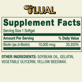 Etiqueta informativa de ingredientes de LUAL Biotina con dosis clara.