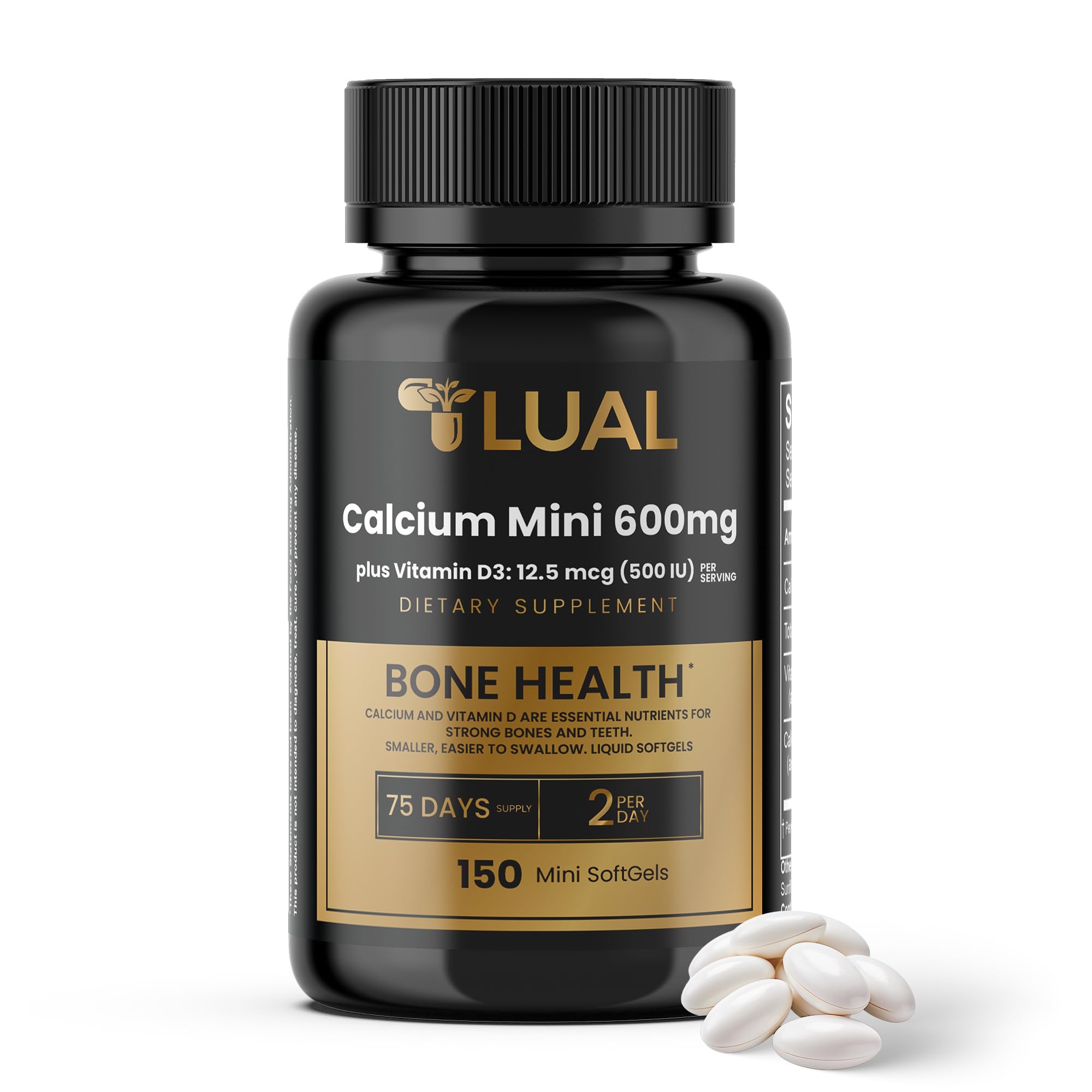 LUAL Calcio Minis 600 mg con D3 en botella para apoyar la densidad ósea diaria.