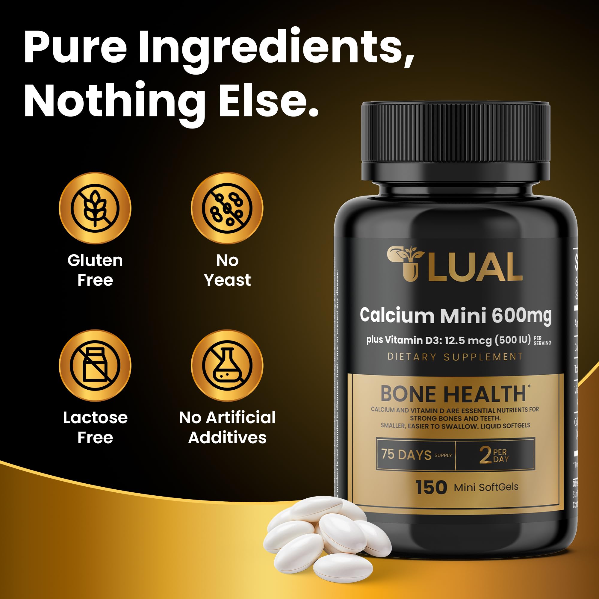 LUAL Calcio Minis 600 mg con D3, cápsulas dentro del vaso.