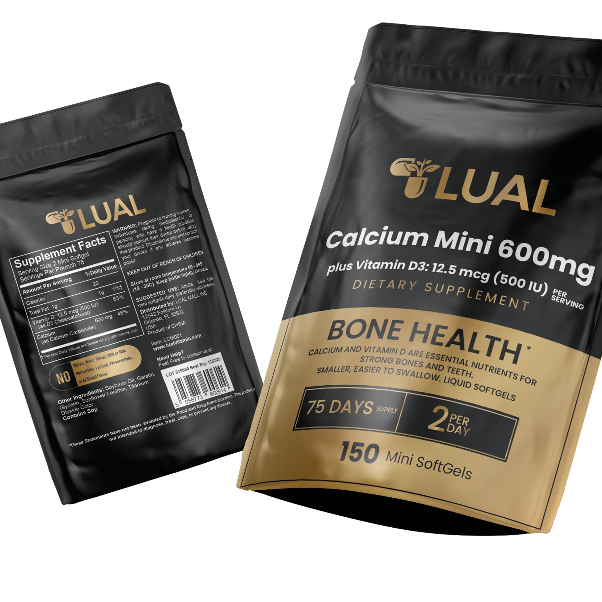 LUAL Calcio Minis 600 mg con D3, producto en caja.