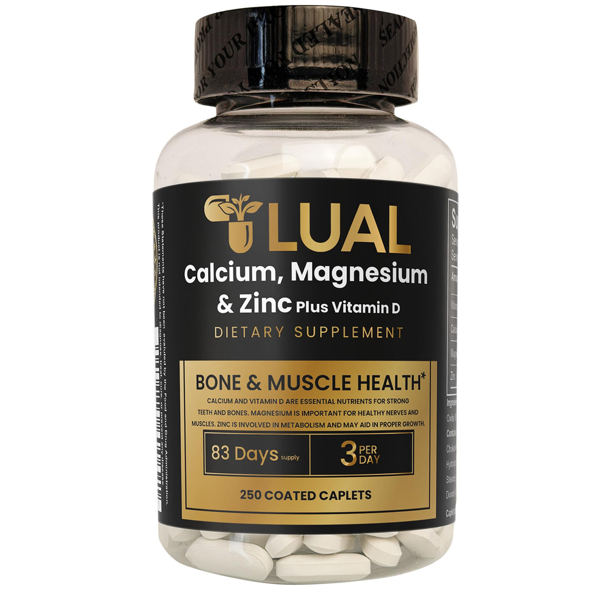 LUAL calcio, magnesio, zinc y vitamina D3: botella de cápsulas recubiertas para uso diario.