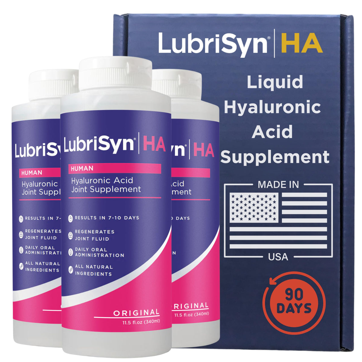 LubriSynHA botellas líquidas de 3x11,5 oz para uso diario y movilidad.