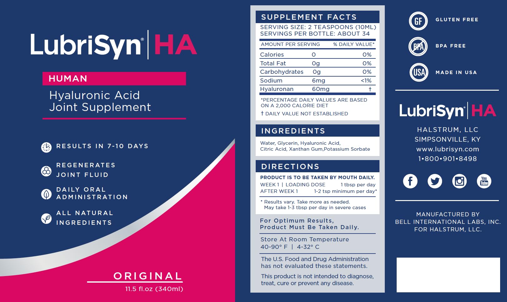 LubrisynHA líquido de ácido hialurónico oral para salud articular.