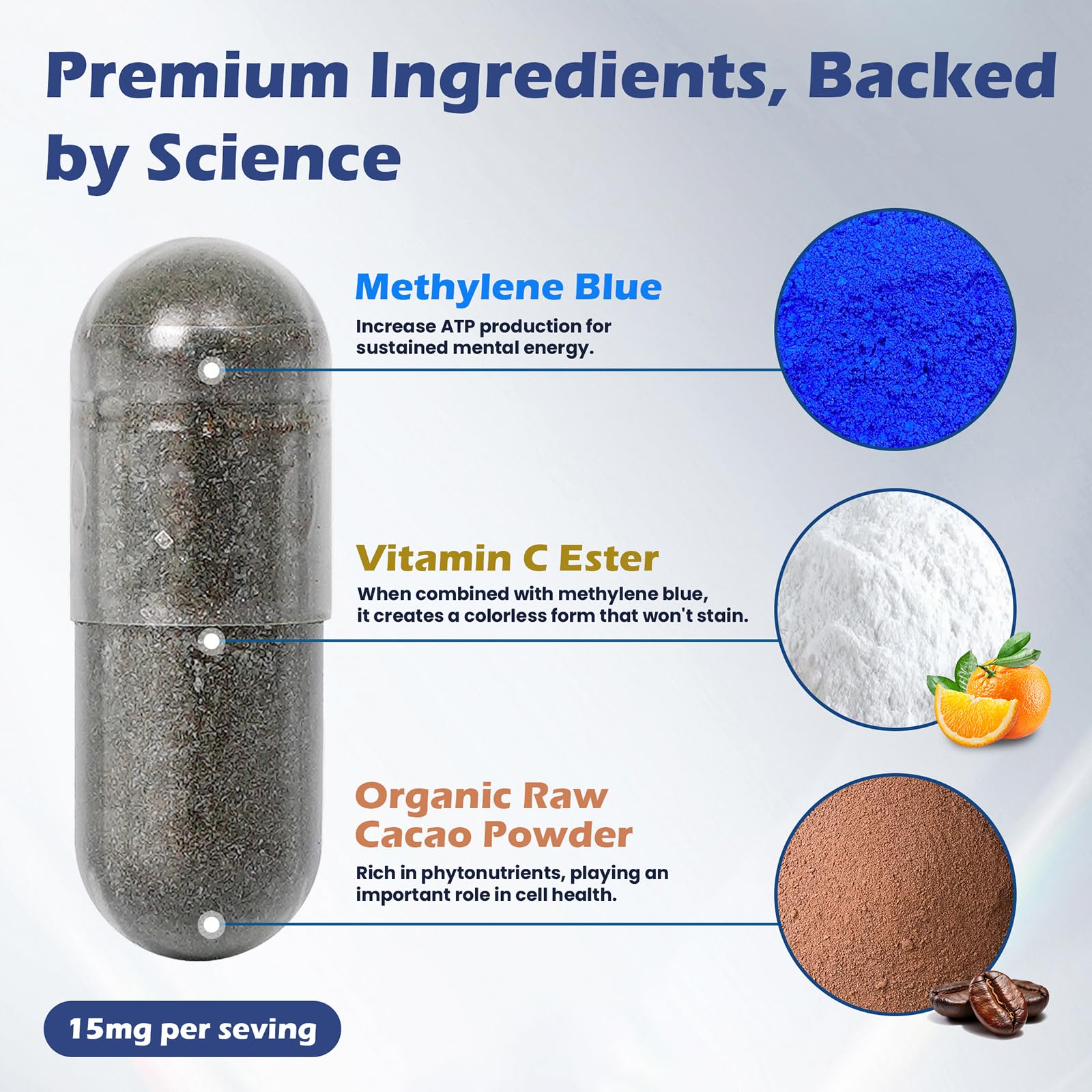 Lucemed metileno azul cápsulas, etiqueta visible con ingredientes clave.