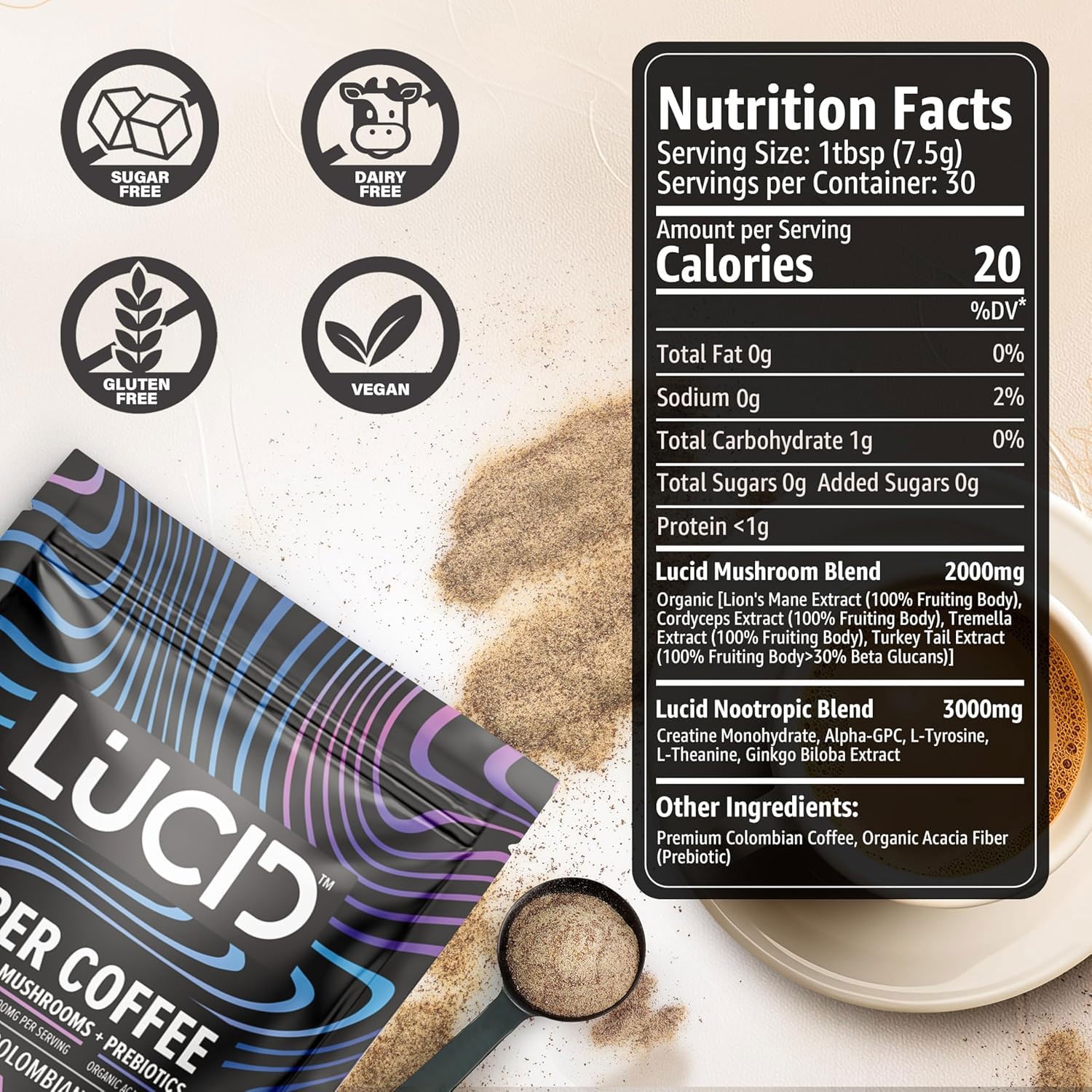 Lucid Superfoods: L-teanina y Ginkgo biloba al verter para foco diario