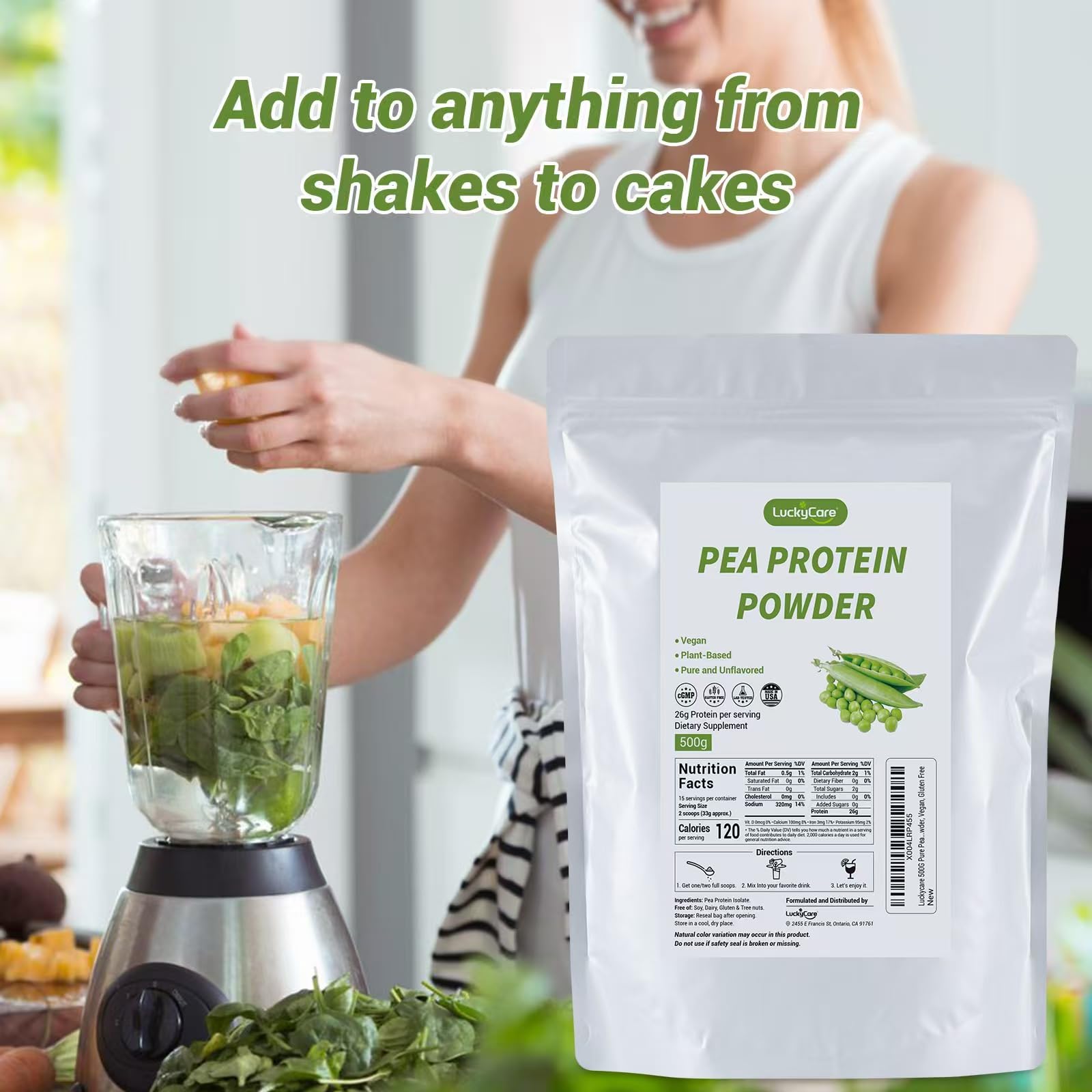 Luckycare proteina de guisante original, polvo puro, fuente de 26 g de proteína por porción.