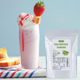 Luckycare proteina de guisante original, taza con batido, merienda proteica lista para disfrutar.