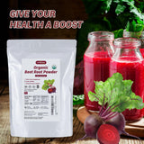 Luckycare remolacha orgánica en polvo disuelta en batido para energía diaria.