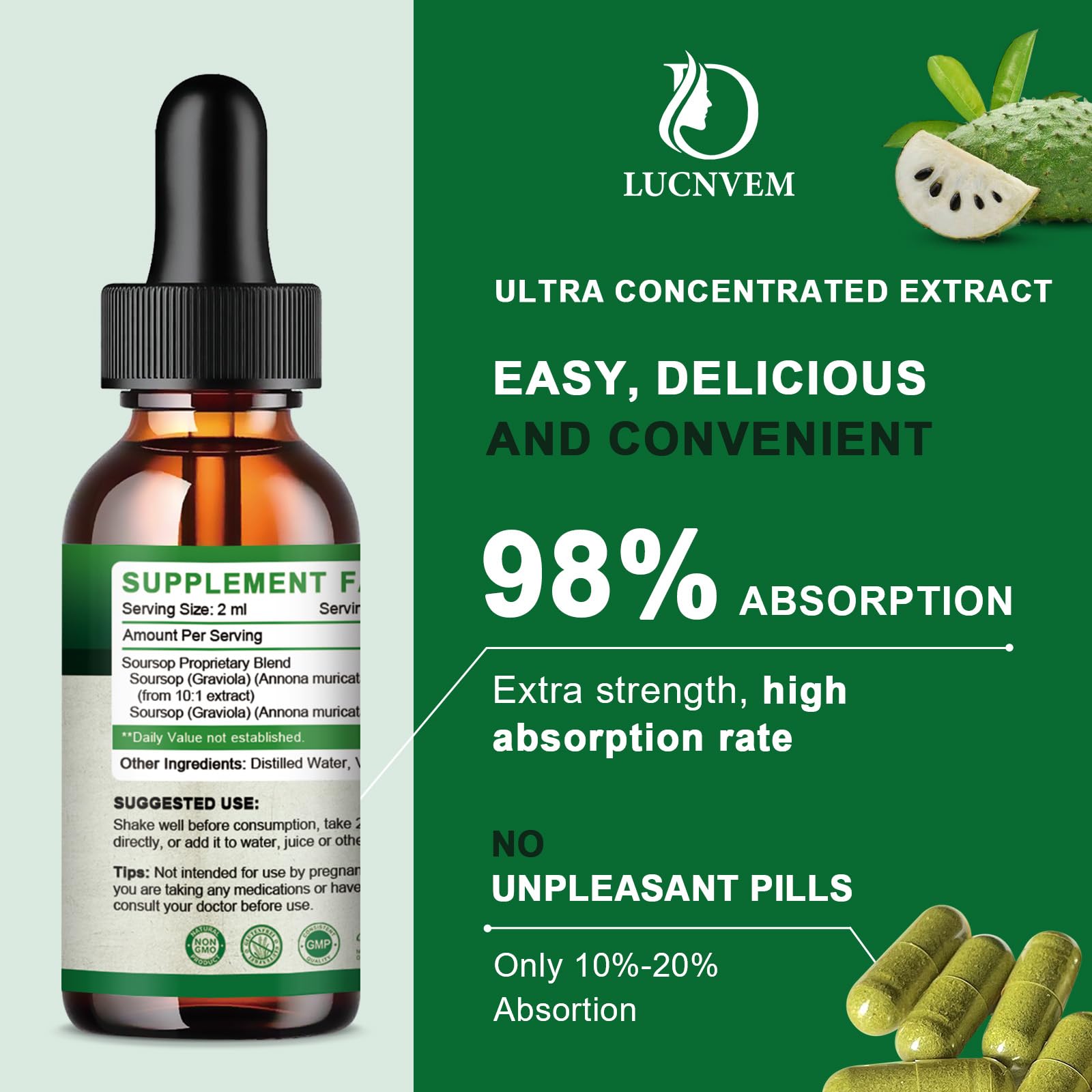 LUCNVEM Graviola Gotas: envase de 2 oz, ideal para viaje.