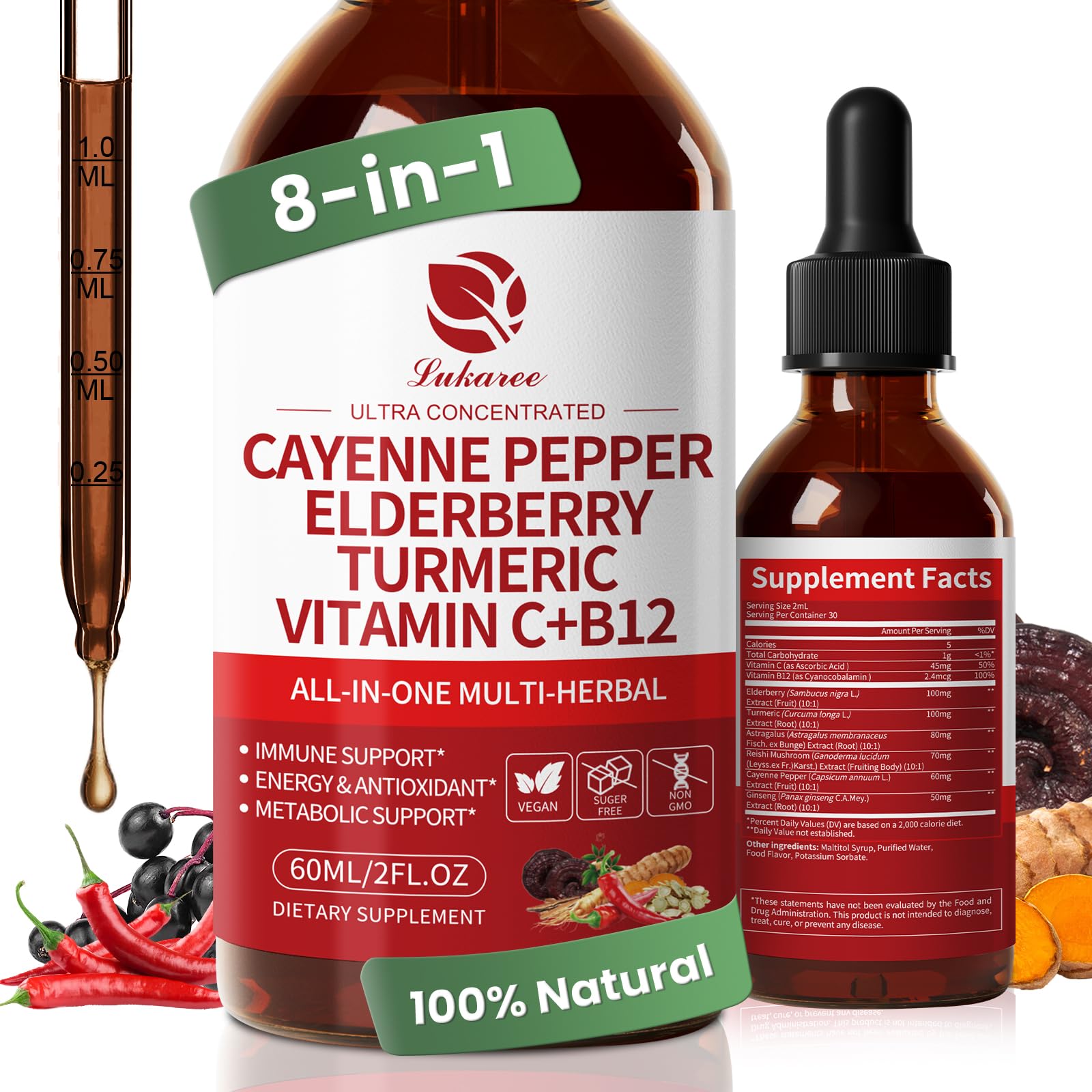 Lukaree Cayenne Pepper Drops, botella mostrando el tamaño compacto para dosis diarias