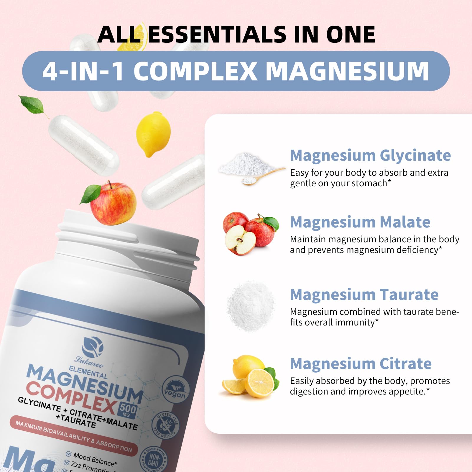 Lukaree complejo de magnesio: glicinato, malato, taurato, citrato, alta absorción.