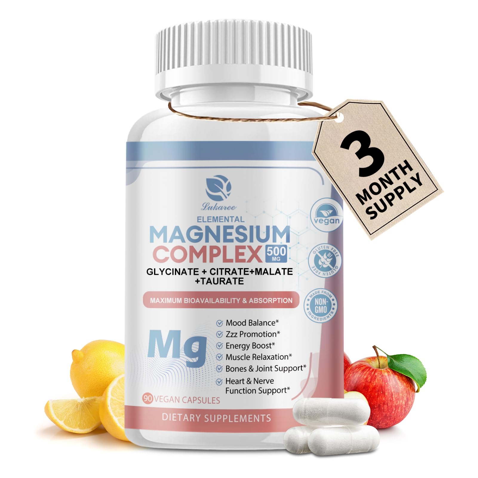 Lukaree magnesio 500mg cápsulas en envase, apoyo para bienestar diario.