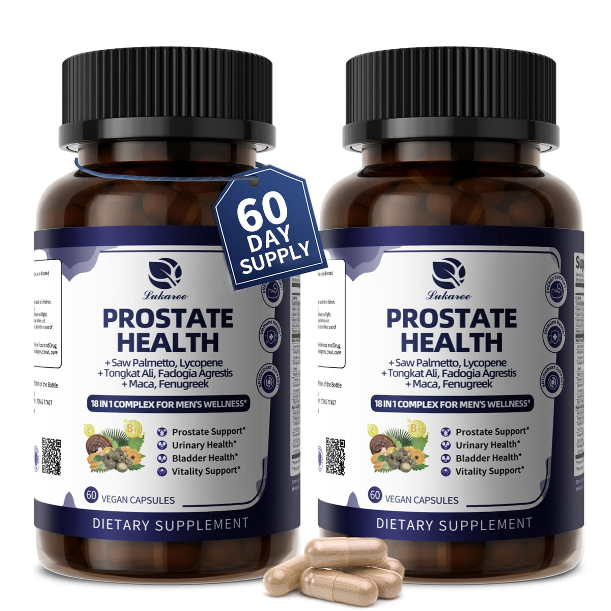 Lukaree Prostata: cápsulas en botella para apoyo diario de la salud prostática.