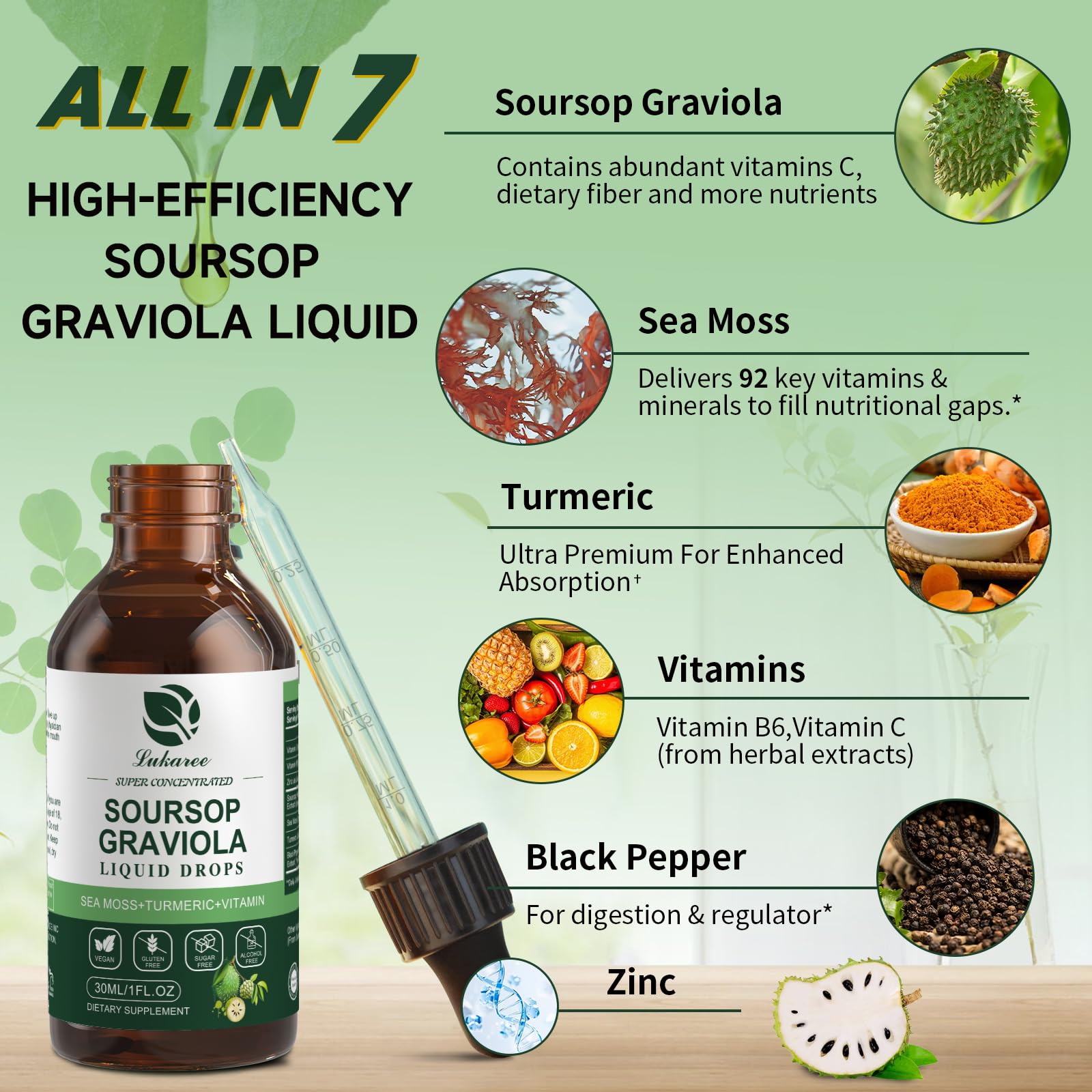Lukaree Soursop líquido gotero, dosis fácil cada día