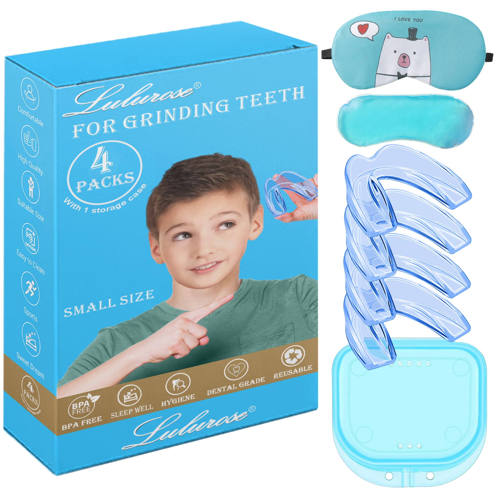 Protector bucal Lulurose para niños azul, 4 pack, ideal para uso nocturno