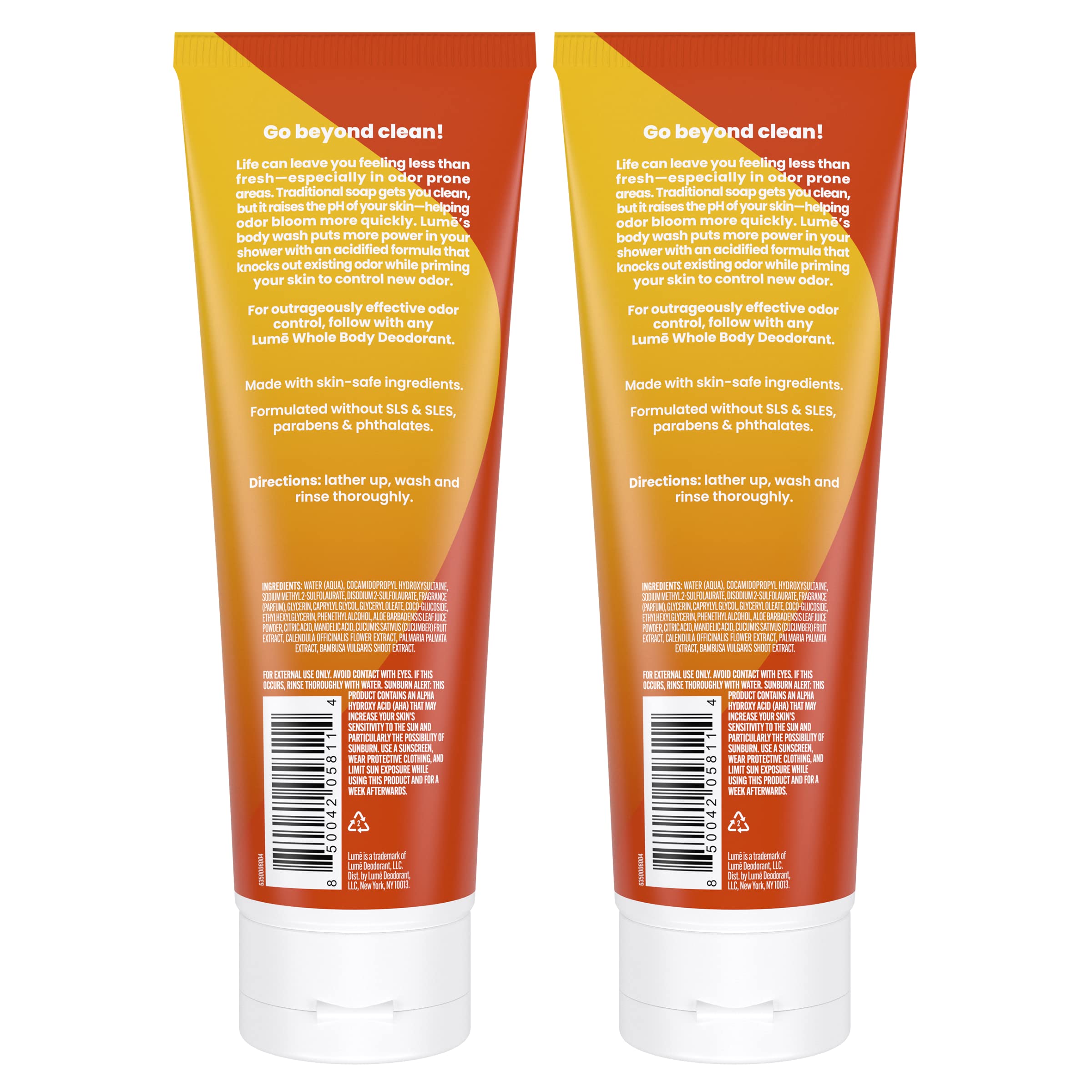 Lume Acidified Body Wash, etiqueta trasera visible, controla el olor.