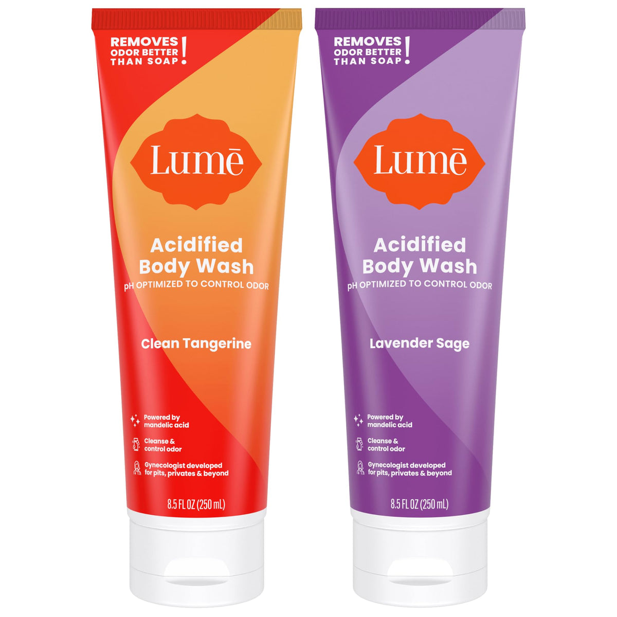 Lume gel de baño acidificado en botella, promesa de control de olor 24 horas.