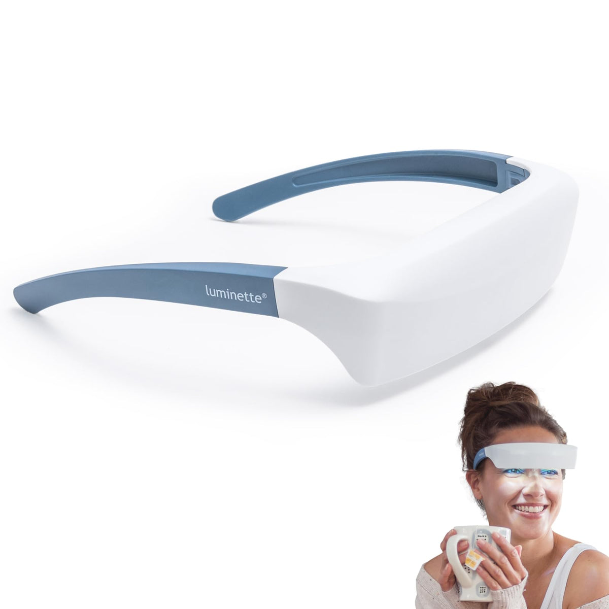 Gafas Luminette 2 para terapia de luz en casa, mejora el ánimo.
