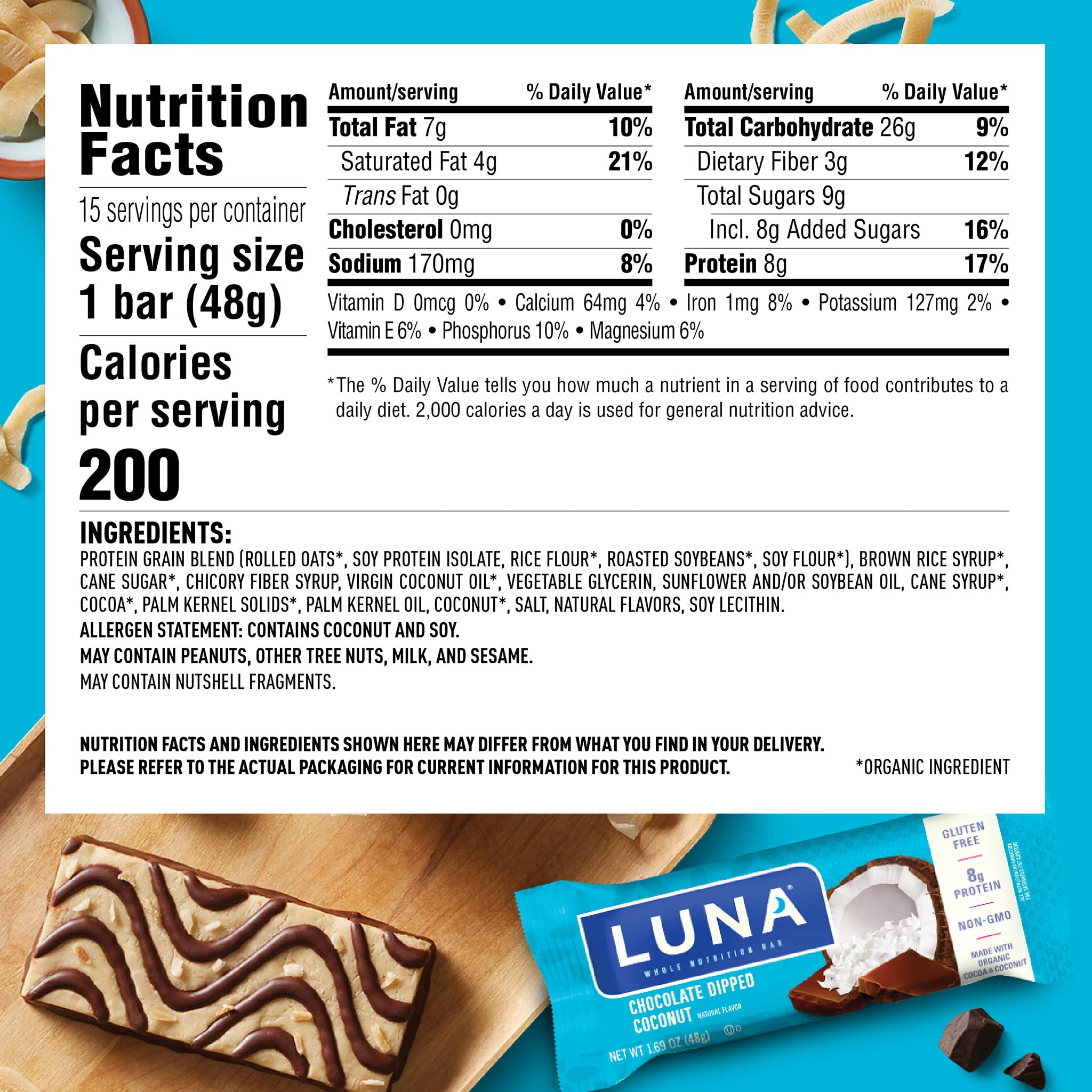 LUNA Bar con 8 g de proteína, snack vegano para mantenerte activo.