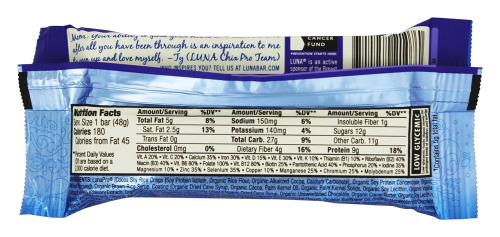 LUNA Bar barra no-OGM basada en plantas, snack consciente para el día.