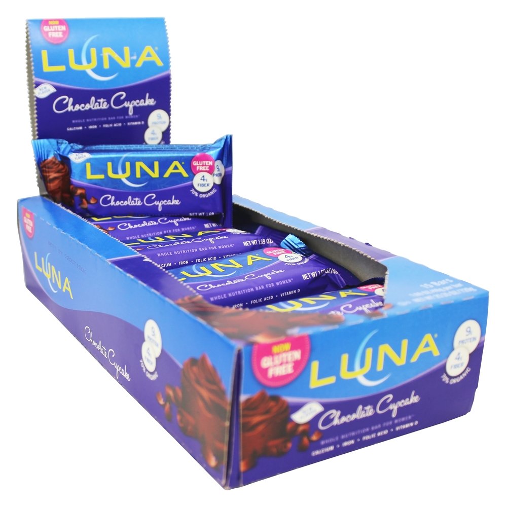 LUNA Bar textura chocolate suave con trocitos, snack indulgente y satisfactorio.