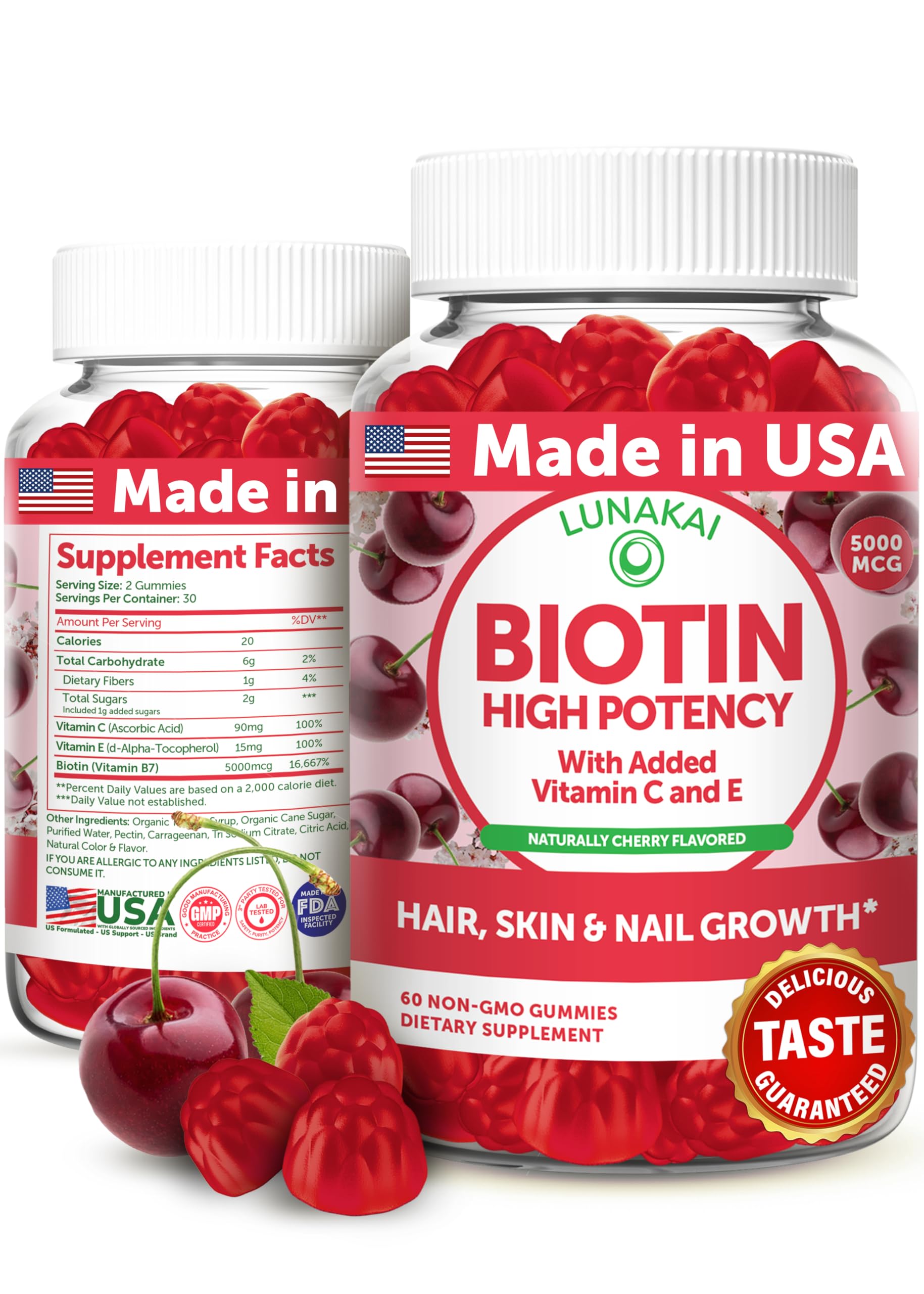 Lunakai gomitas biotina sabor cereza para cabello saludable y uñas fuertes.