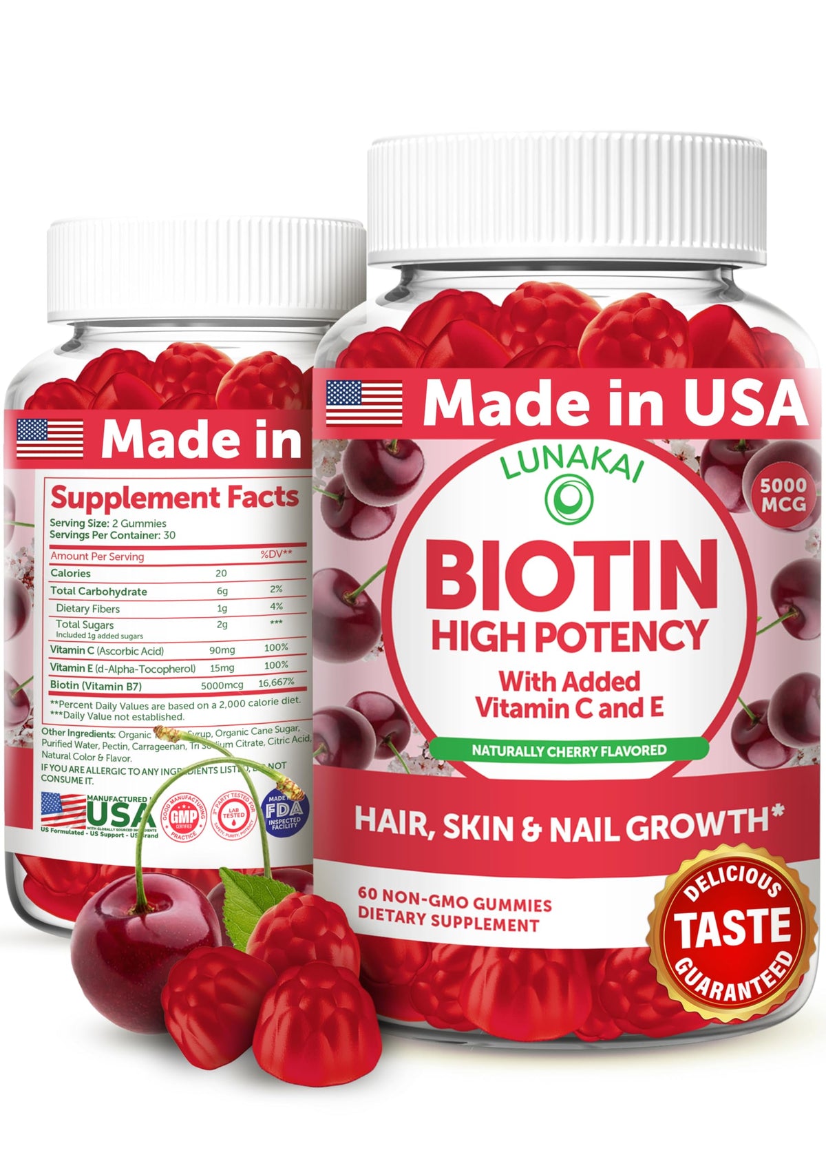 Lunakai gomitas biotina sabor cereza para cabello saludable y uñas fuertes.