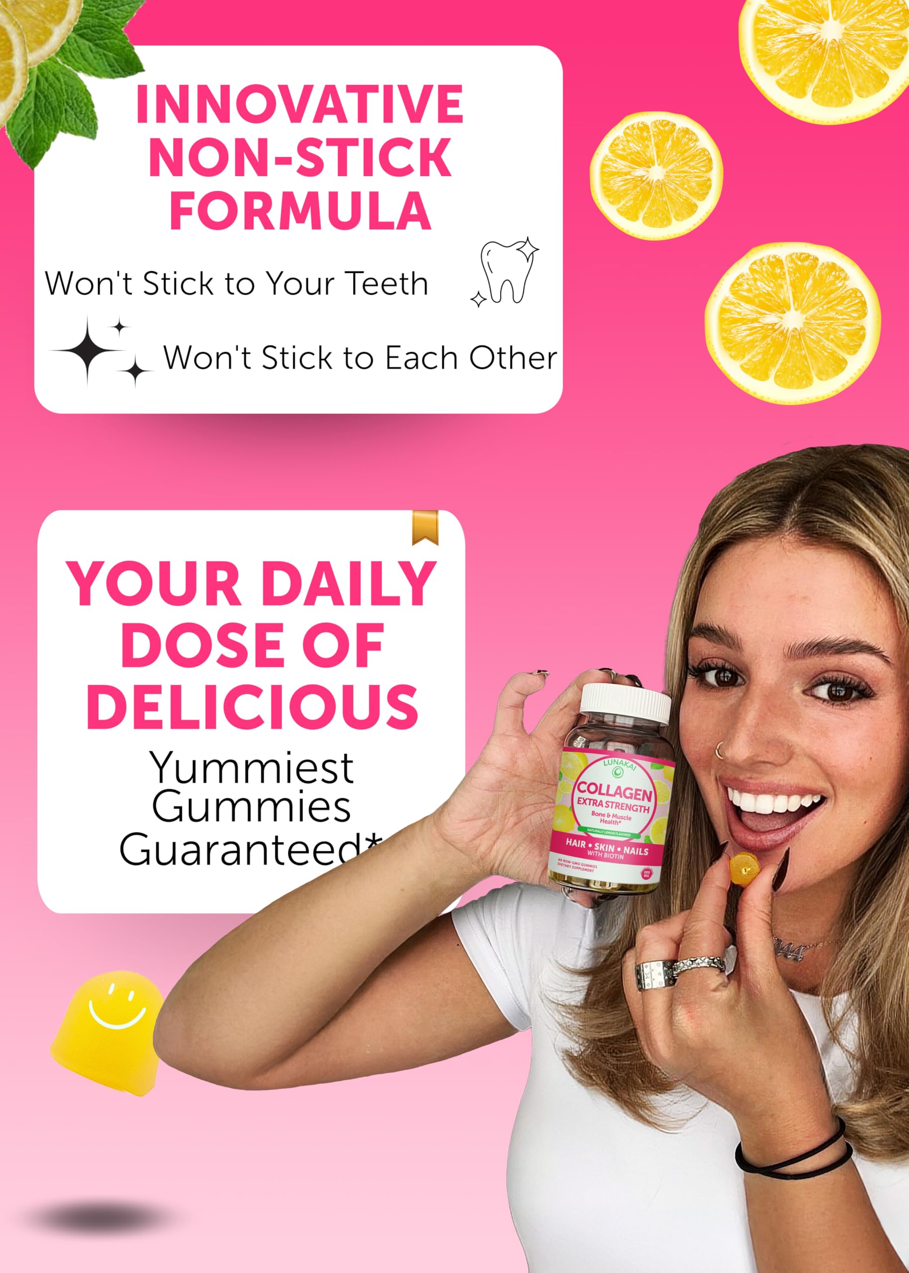 Etiqueta Lunakai gominolas colágeno y vitamina E, muestra de opción no-GMO y vegana.