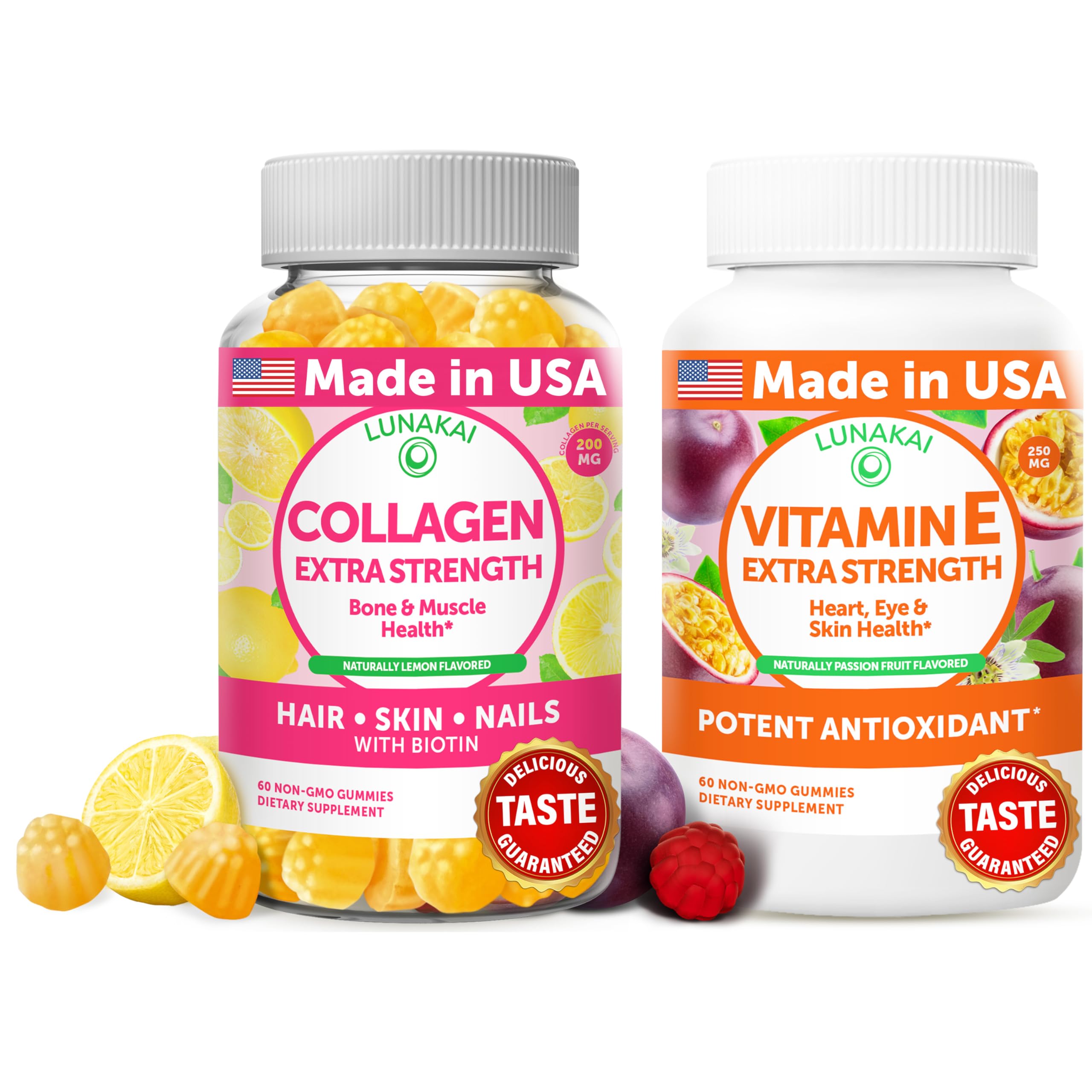 Gominolas Lunakai con colágeno y vitamina E, frente, posible apoyo para piel y cabello.