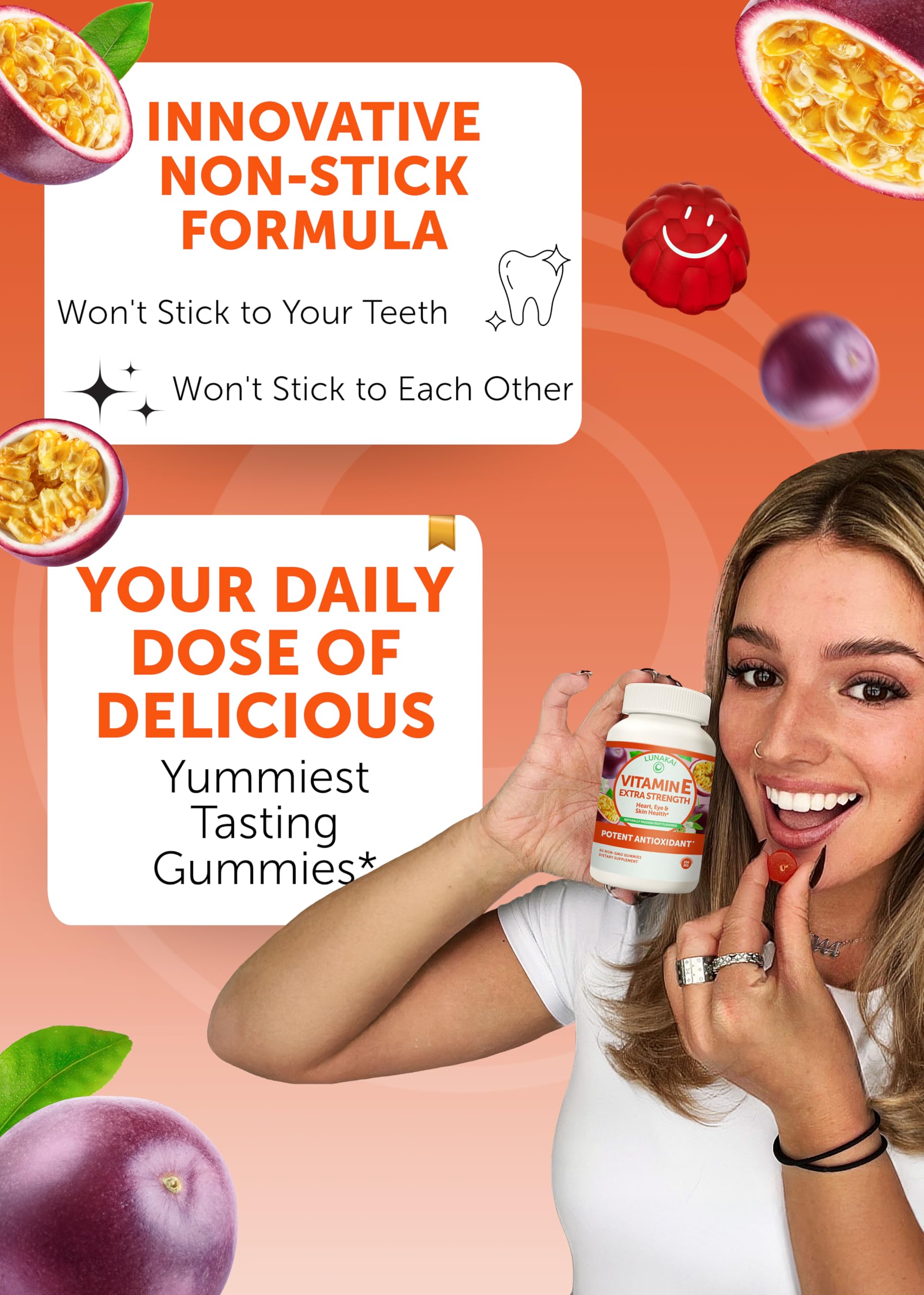 Textura gomosa de Lunakai gominolas colágeno y vitamina E, idea para consumo diario.