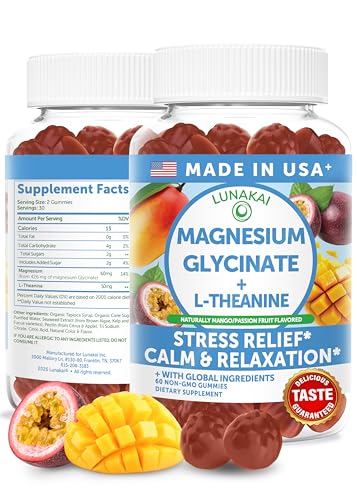 Lunakai gomitas magnesio glicinato, frasco de 60 gomitas para calmar.