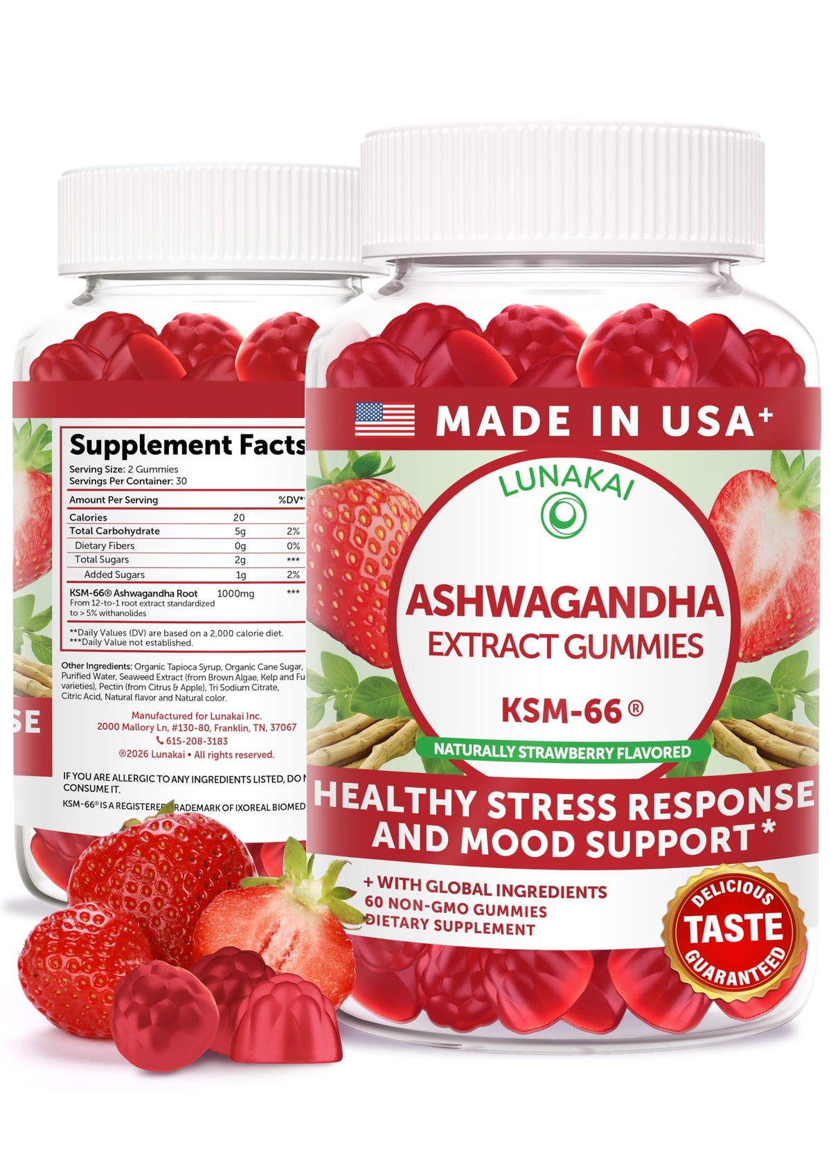 Lunakai gomitas Ashwagandha KSM-66 en botella, apoyo al estrés diario.
