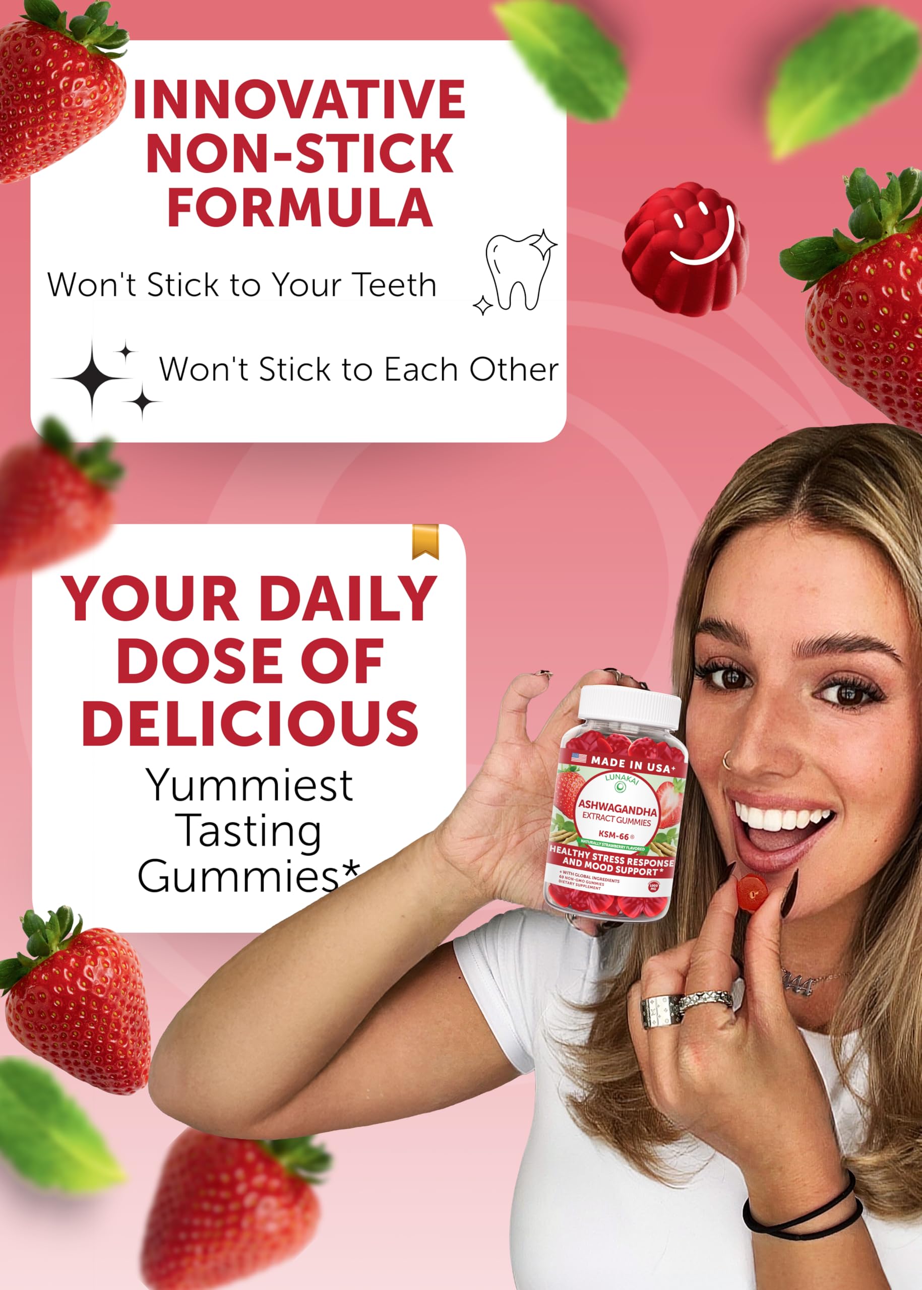 Cada gomita Lunakai ofrece 1000 mg de KSM-66 para bienestar diario.