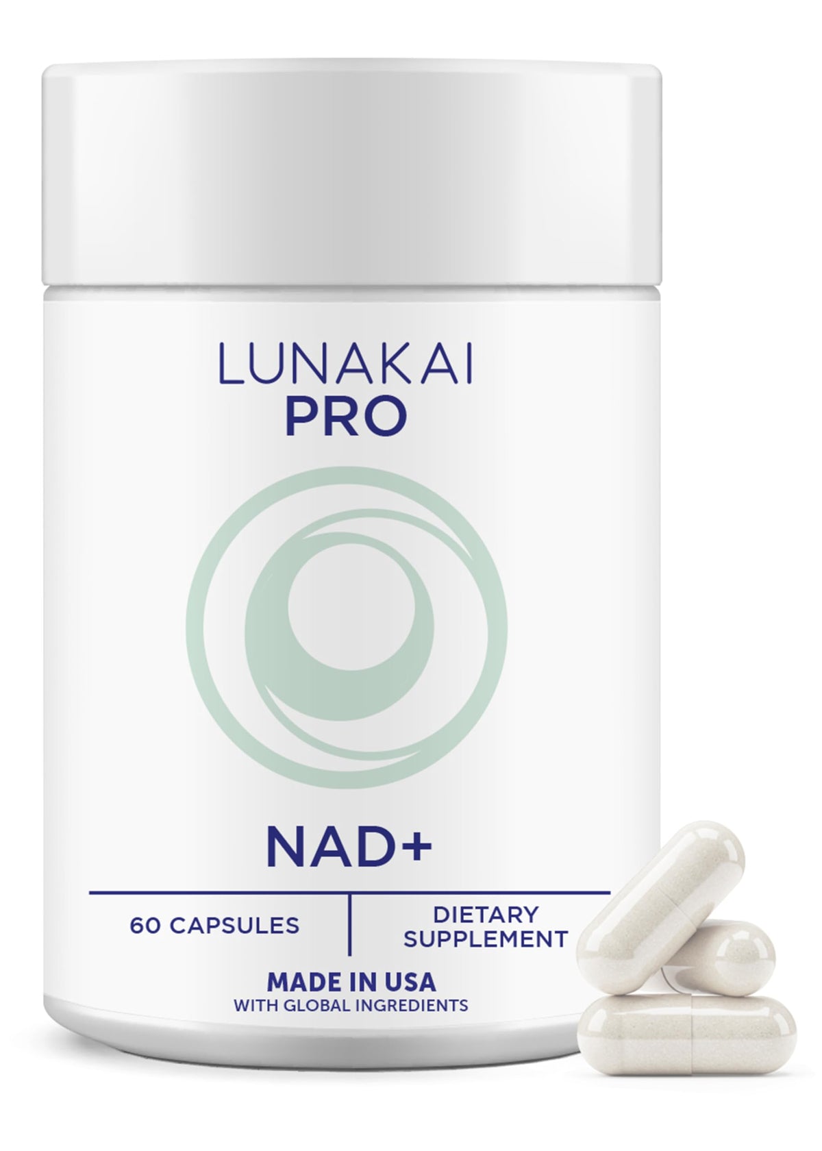 Lunakai Pro NAD frasco de cápsulas para uso diario y energía celular.