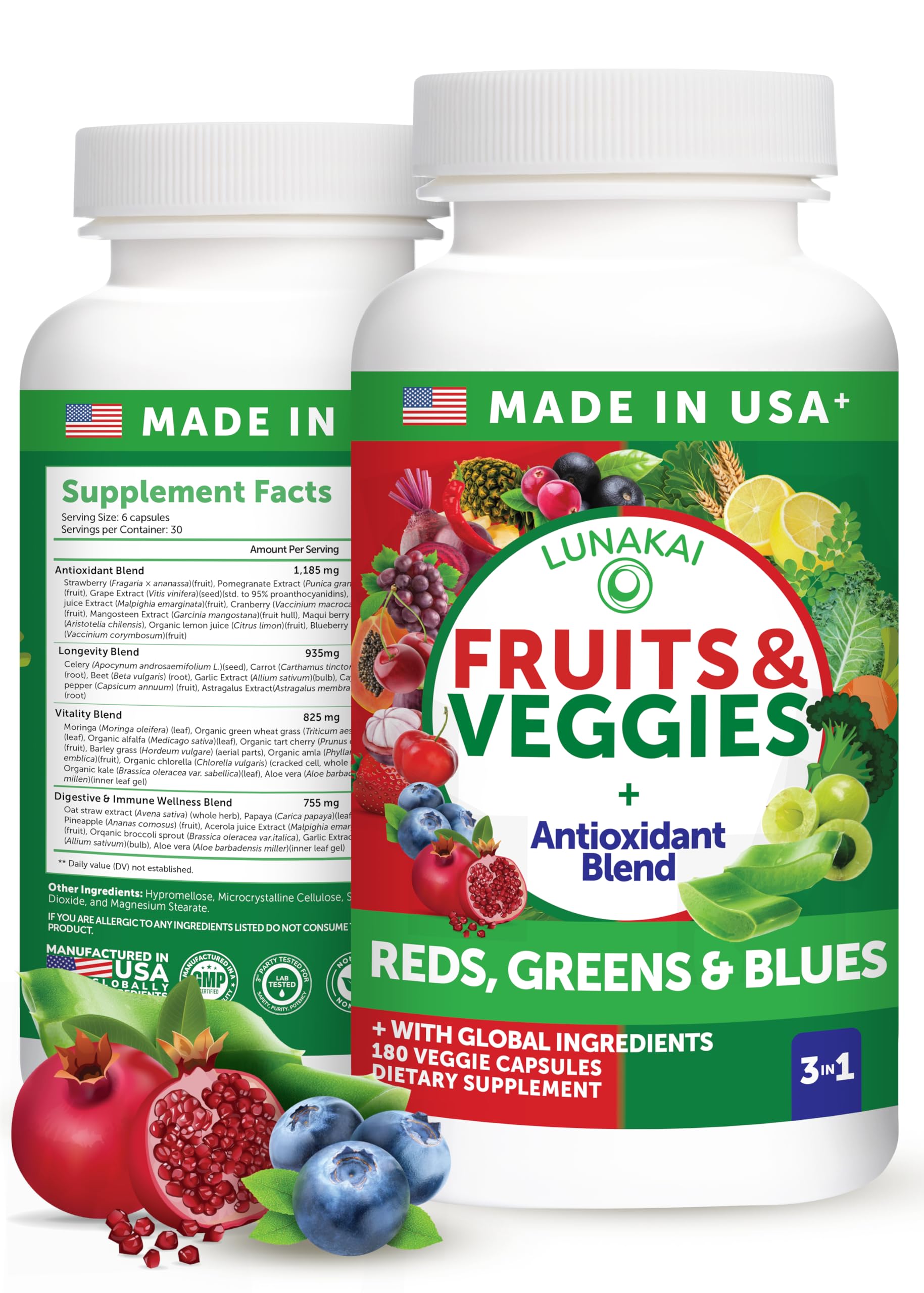 Lunakai cápsulas de frutas y verduras en envase de 180, nutrición diaria conveniente.
