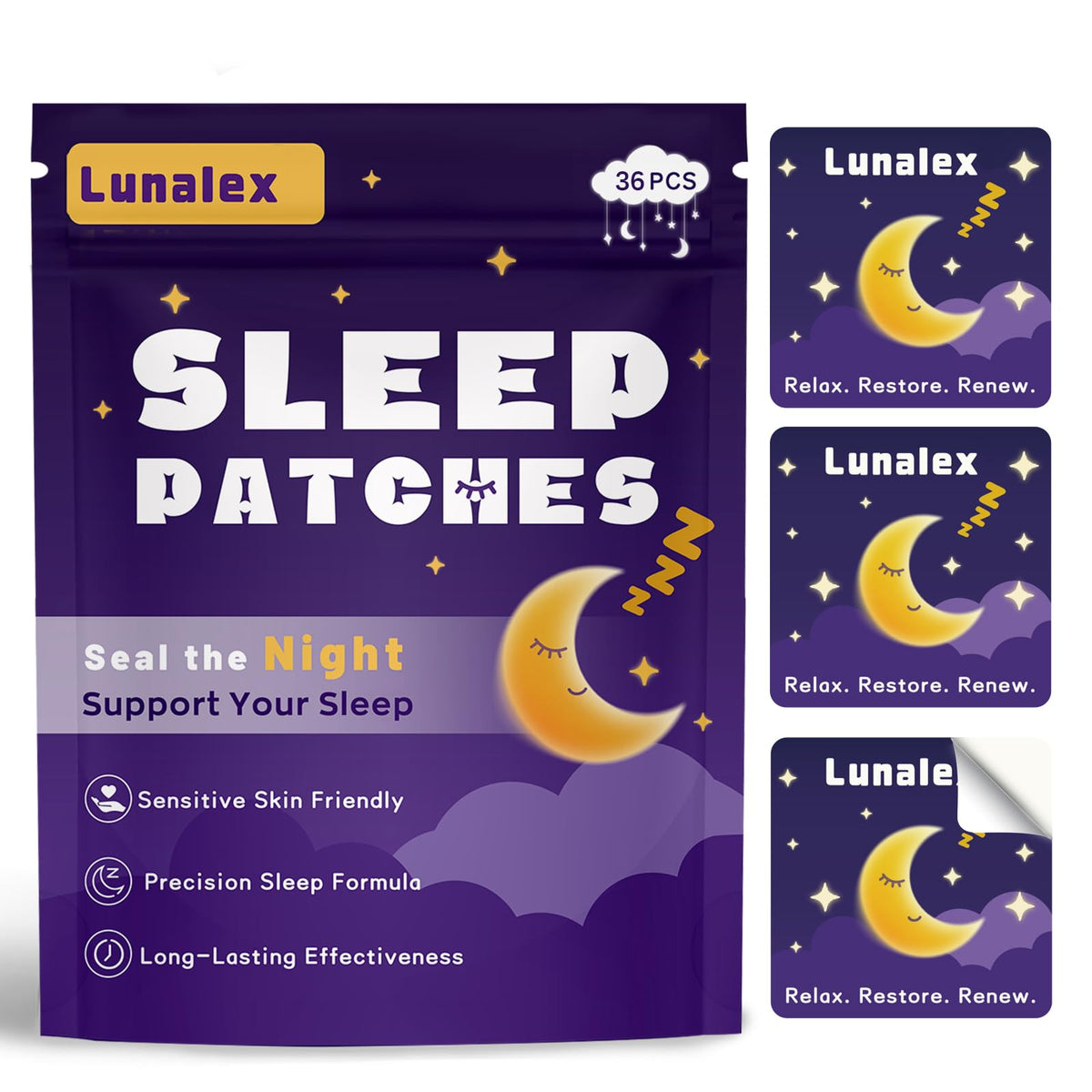 Parches Lunalex: empaque visible para sueño nocturno sin esfuerzo.