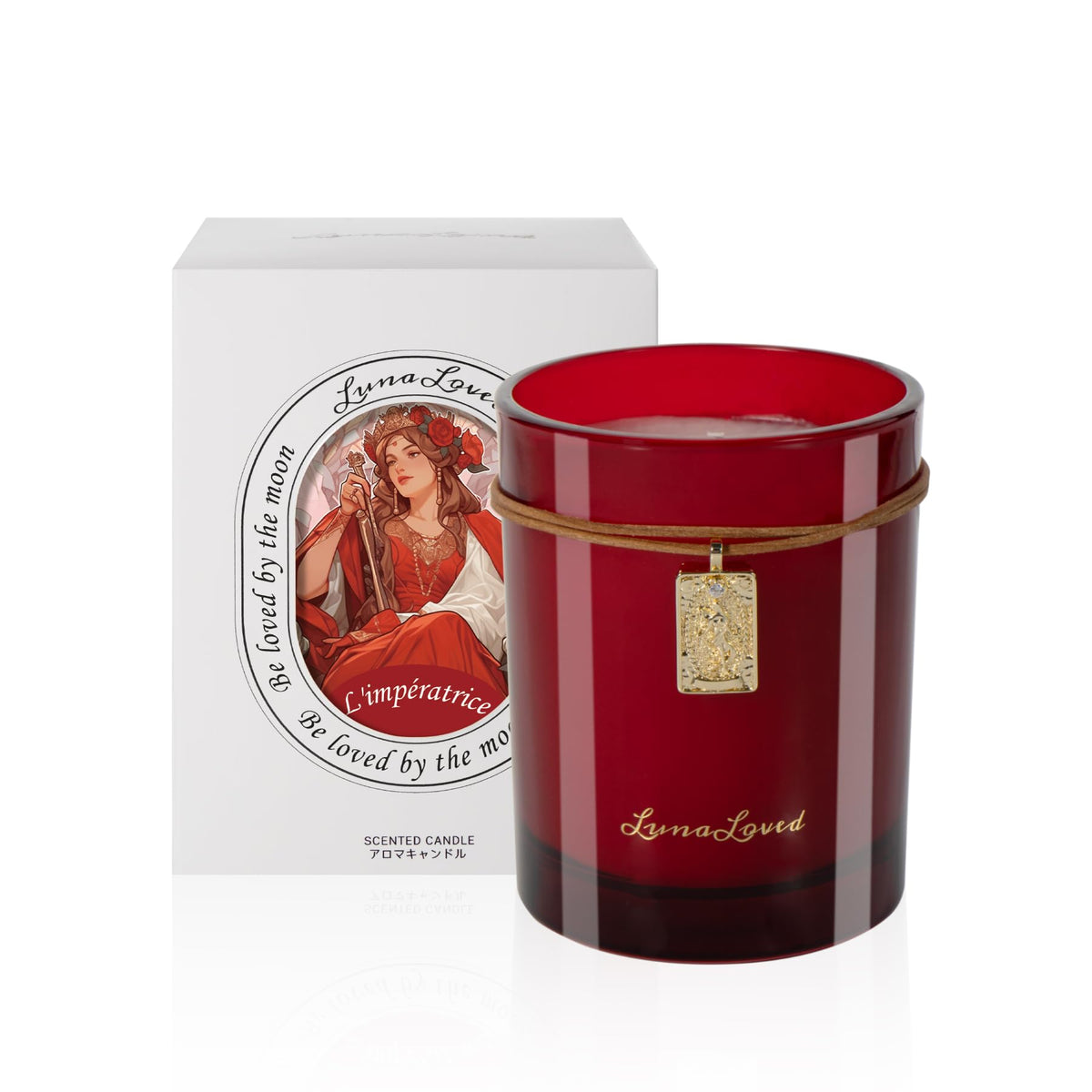 Vela LunaLoved Emperatriz Rosa Oud en frasco de vidrio rojo para sala.