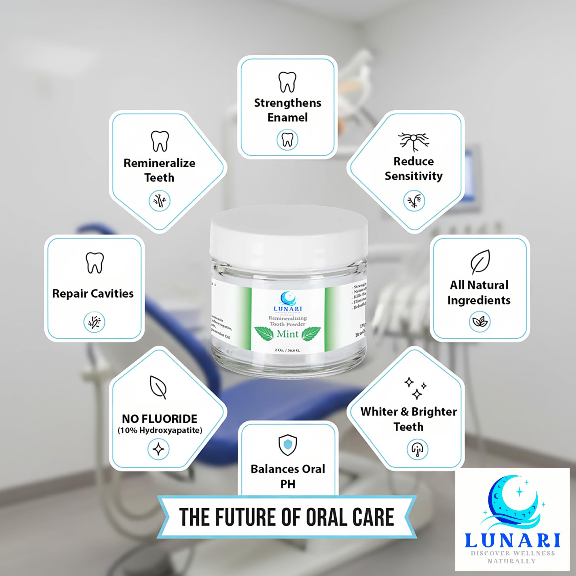 Lunari polvo dental de viaje, uso diario práctico.
