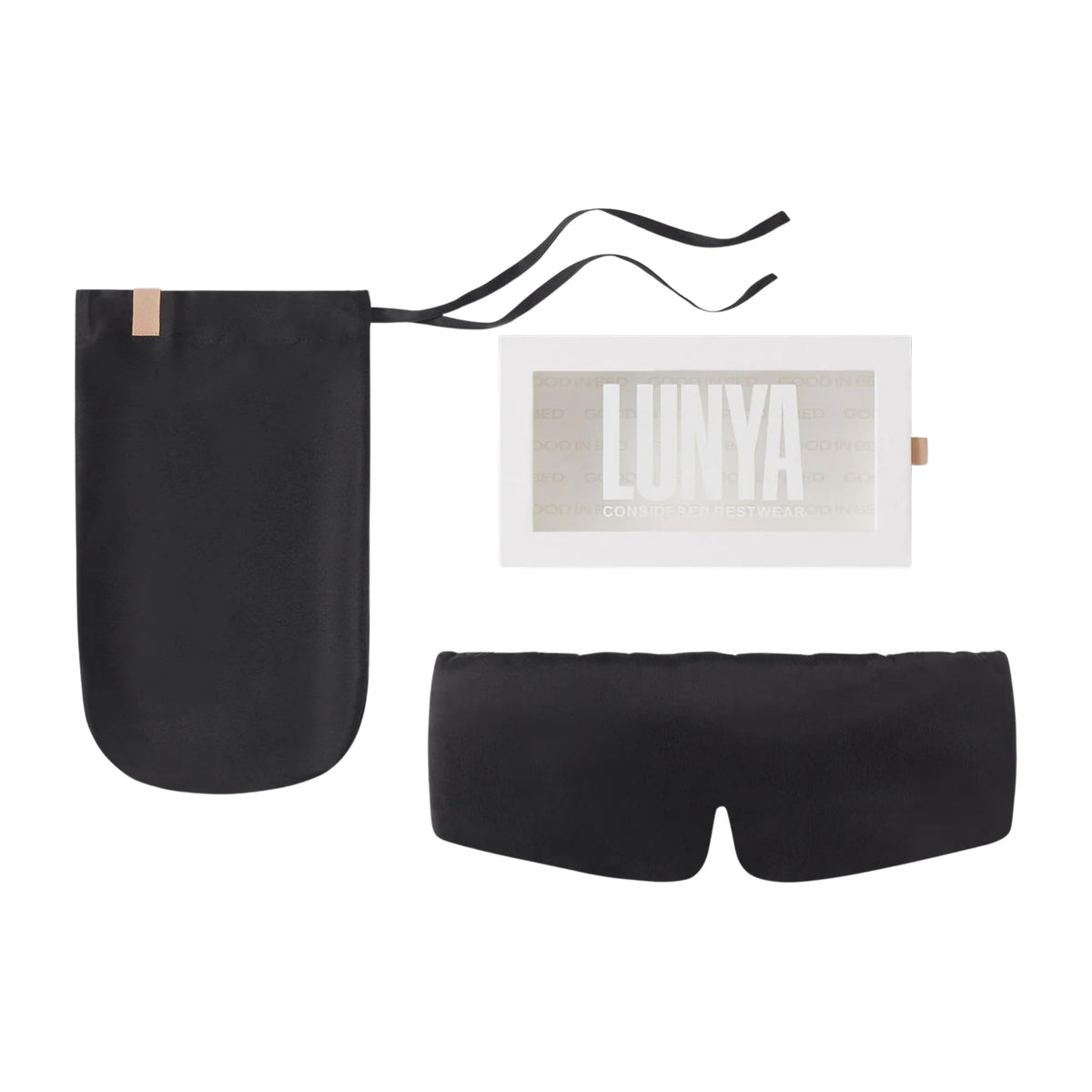Maskara de seda Lunya con cinta elástica amplia para ajuste seguro y cómodo.