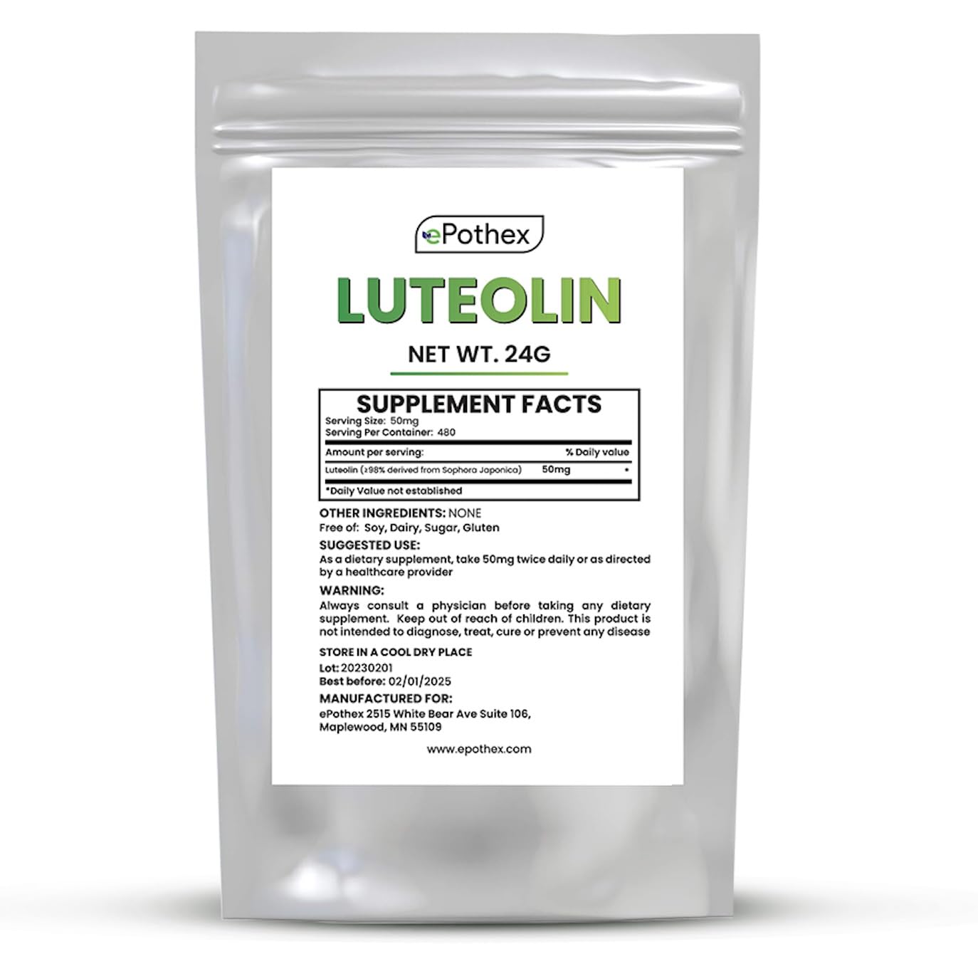 Luteolina: polvo puro de 24 g, disolución fácil en bebidas