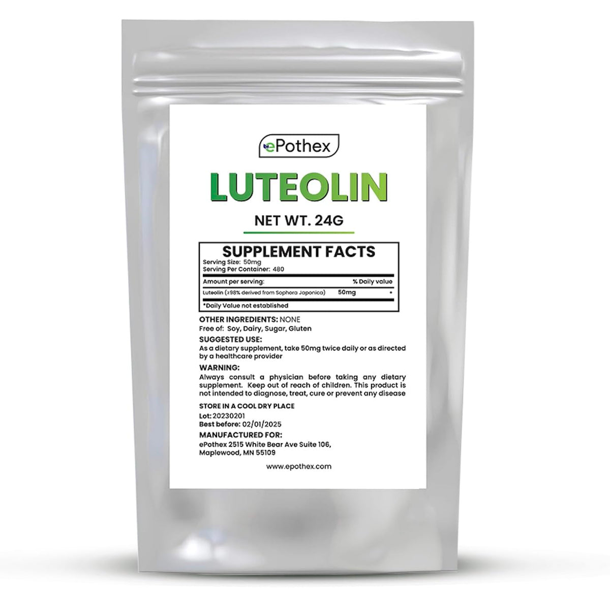Luteolina: polvo puro de 24 g, disolución fácil en bebidas