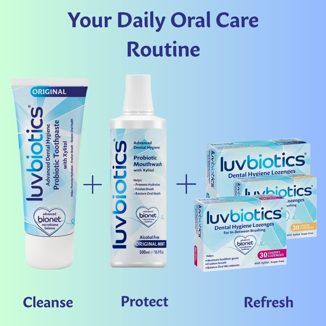 Ingredientes con xilitol y aloe vera de Luv Biotics para cuidado bucal suave.