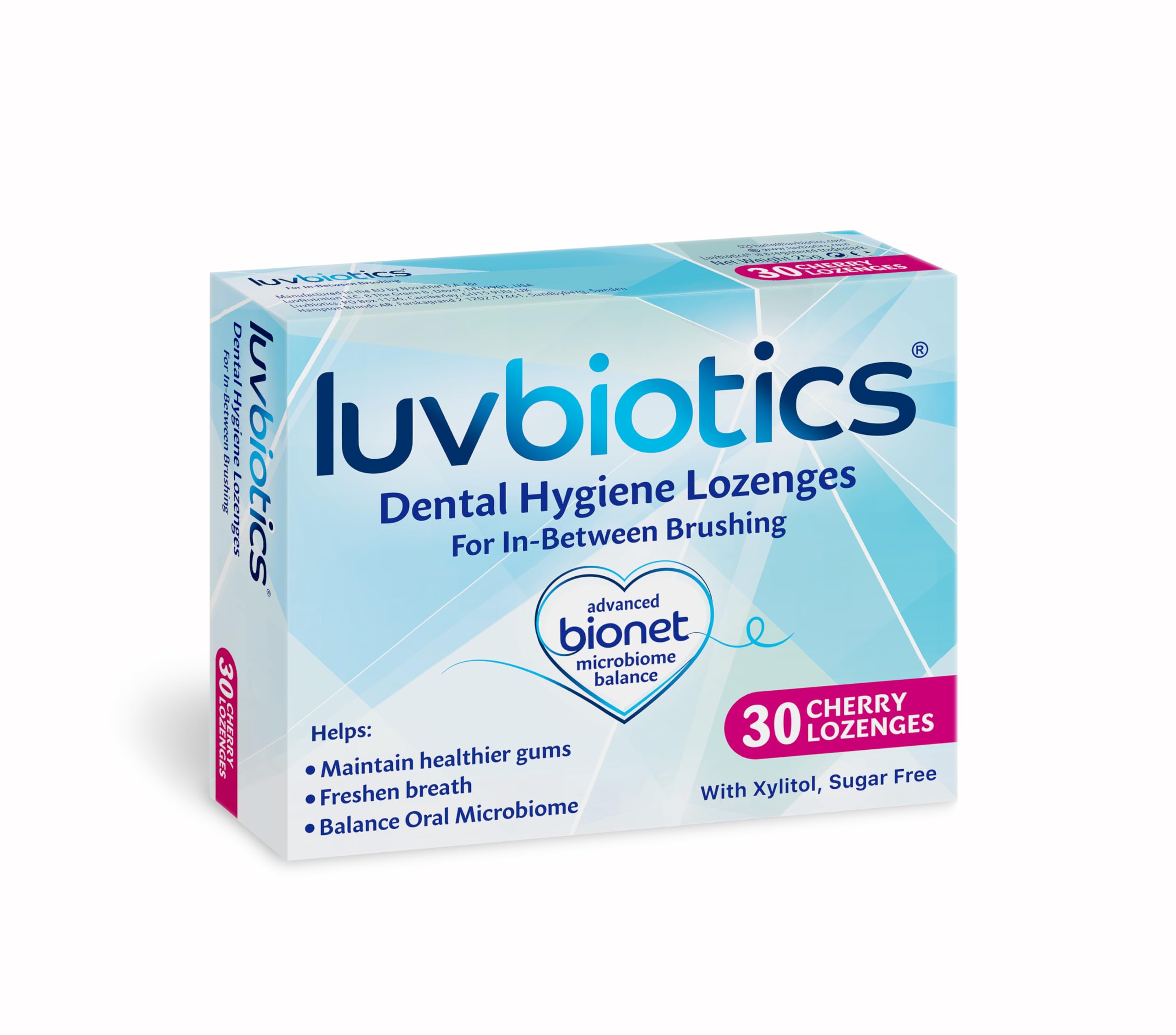 Pastillas Luv Biotics cereza en envase para aliento fresco.