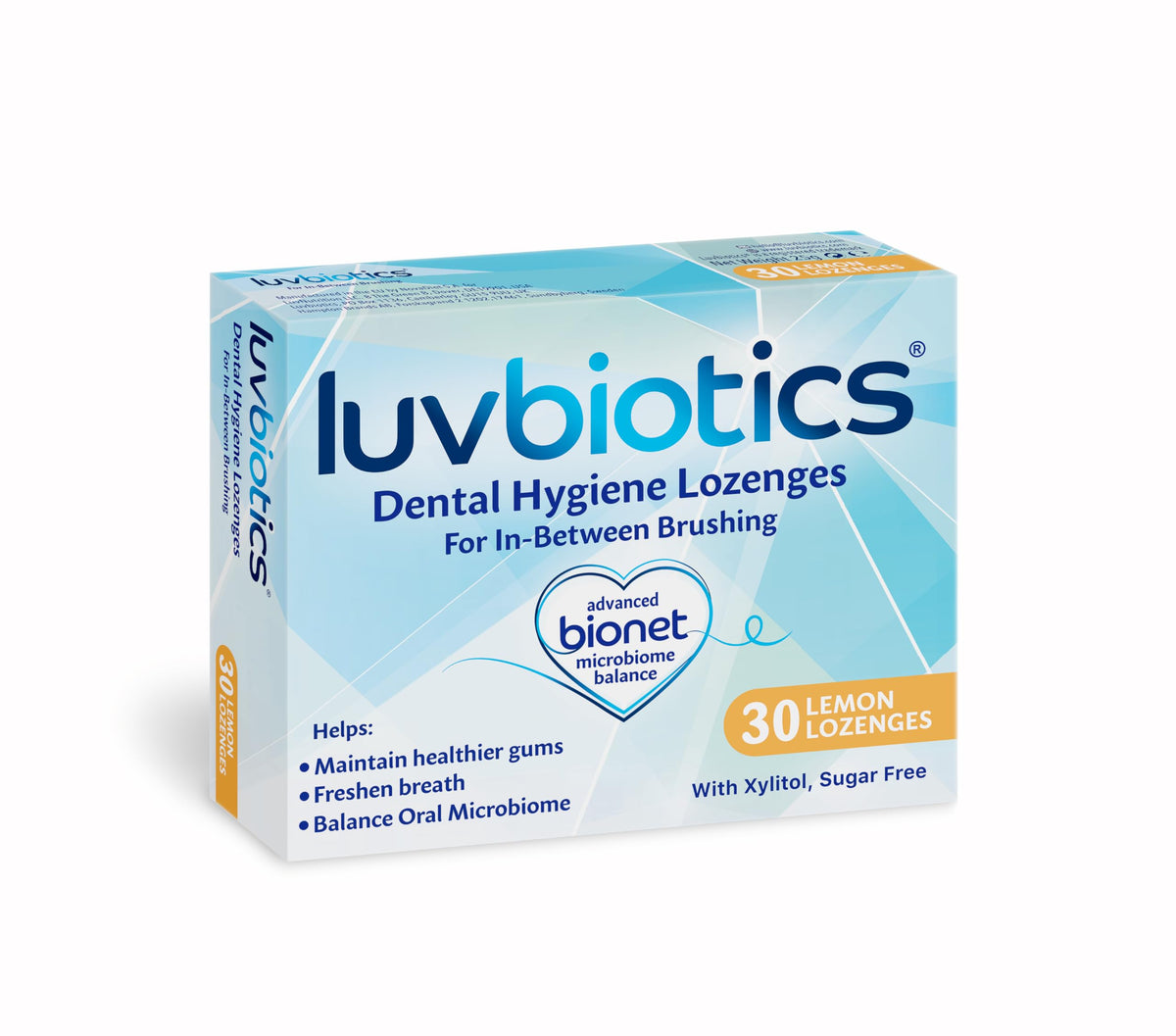 Luv Biotics, botella de pastillas de limón para higiene bucal mejorada.